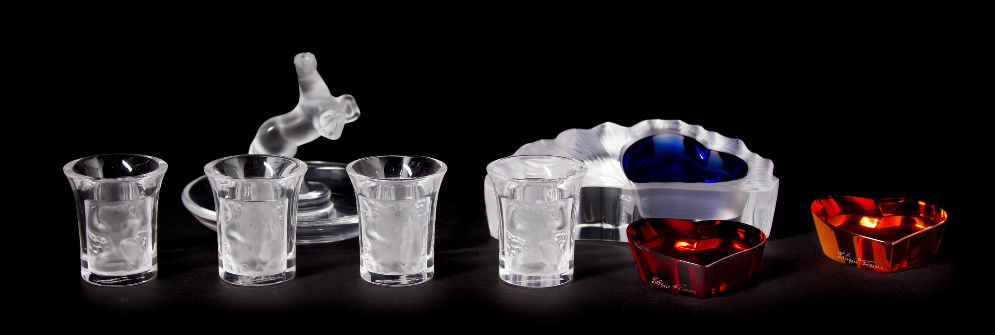 A Collection of Lalique Molded and Frosted Glass Articles, Width of widest 4 7/8 inches.