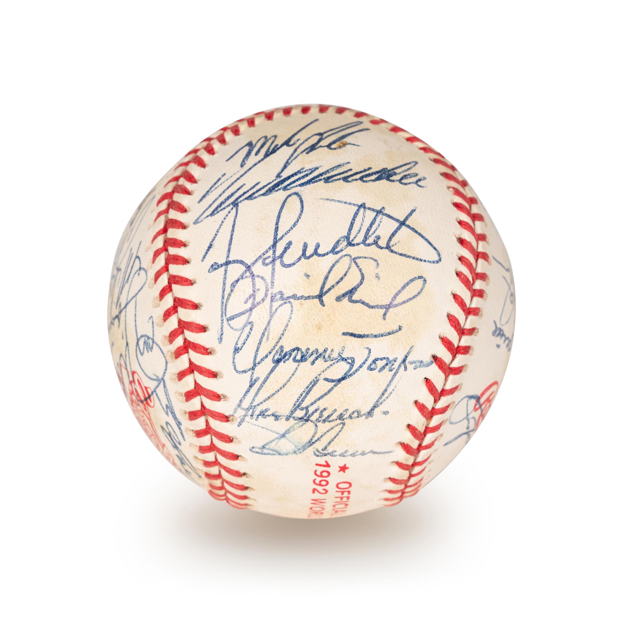 A 1992 Atlanta Braves National League Champion Team Signed Autograph Baseball With 29 Signatures (Beckett Authentication Services Letter BAS Certified),