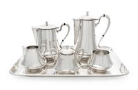 A Mexican Silver Six-Piece Tea and Coffee Service, Sanborns, Mexico City, First Half 20th Century, comprising a coffee pot, teapot, cre