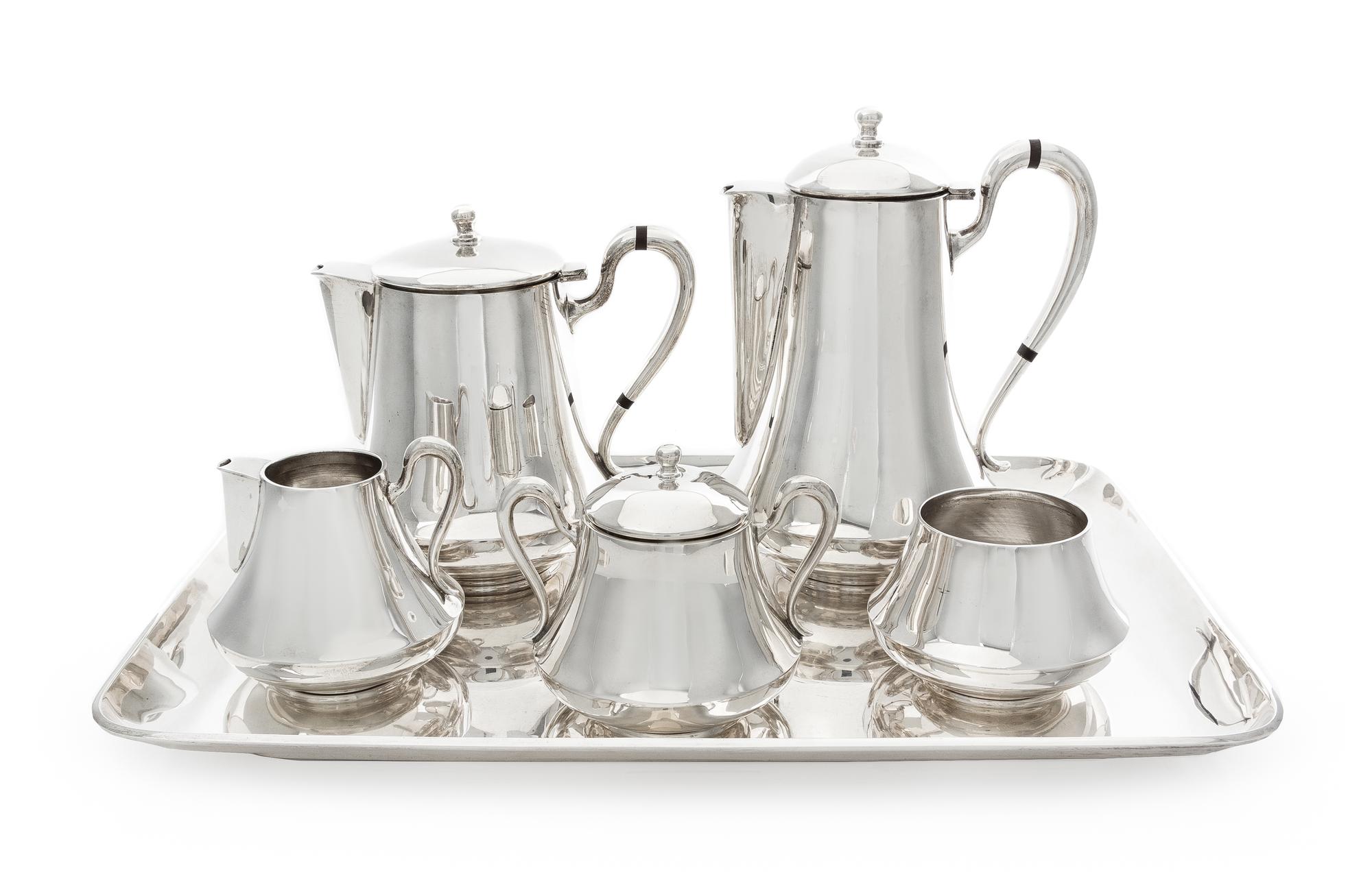 A Mexican Silver Six-Piece Tea and Coffee Service, Sanborns, Mexico City, First Half 20th Century, comprising a coffee pot, teapot, cre