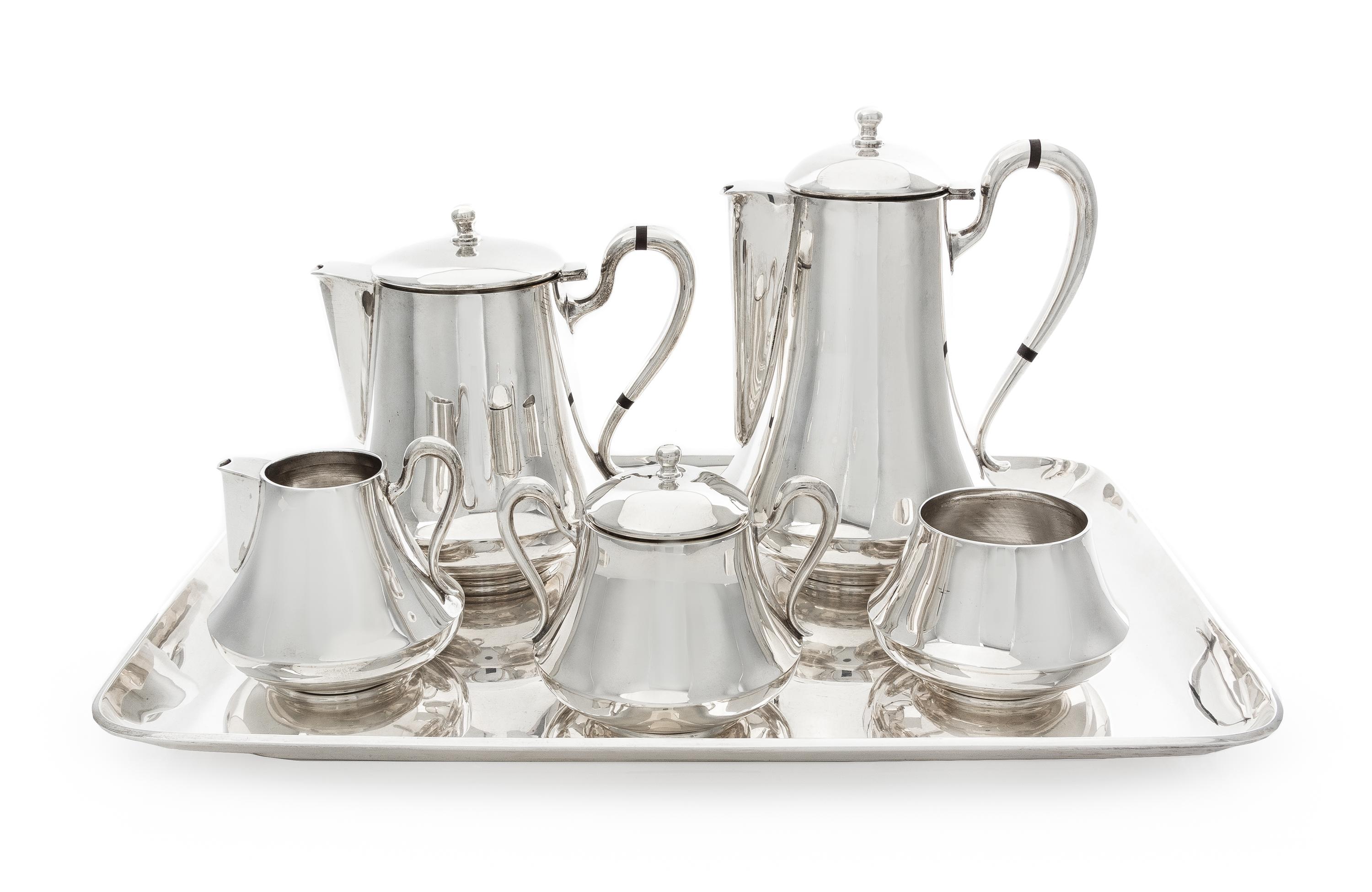 A Mexican Silver Six-Piece Tea and Coffee Service, Sanborns, Mexico City, First Half 20th Century, comprising a coffee pot, teapot, cre
