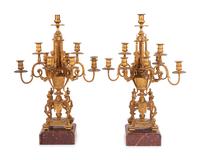 A Pair of Napoleon III Gilt Bronze and Rouge Marble Nine-Light Candelabra