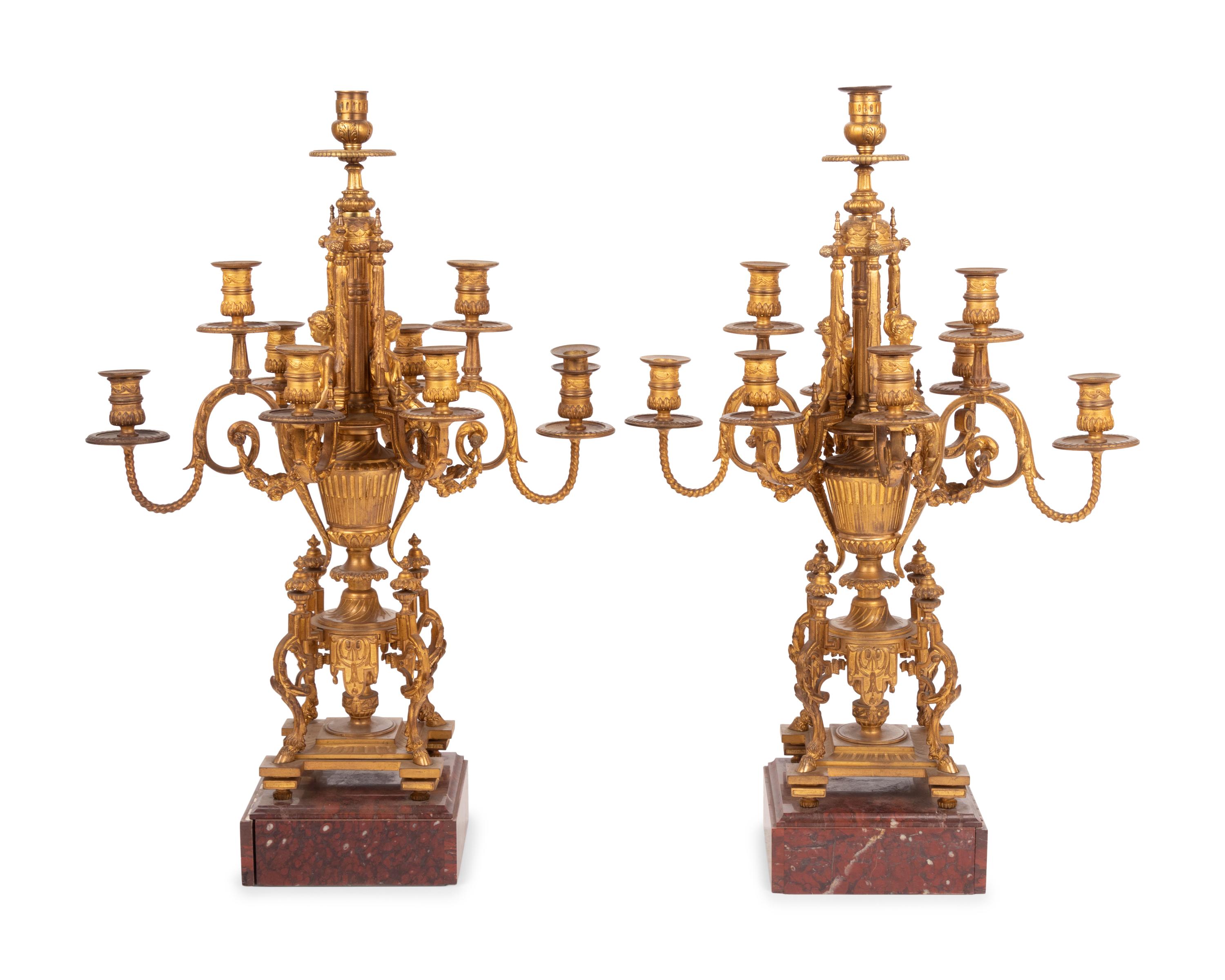 A Pair of Napoleon III Gilt Bronze and Rouge Marble Nine-Light Candelabra