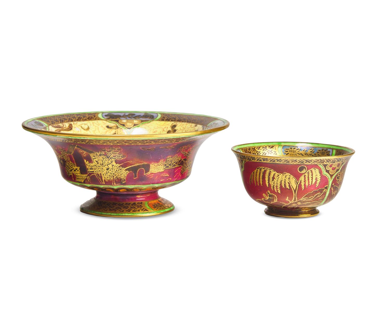 Two Wedgwood Fairyland Lustre 'Daventry' Parcel-Gilt Footed Bowls