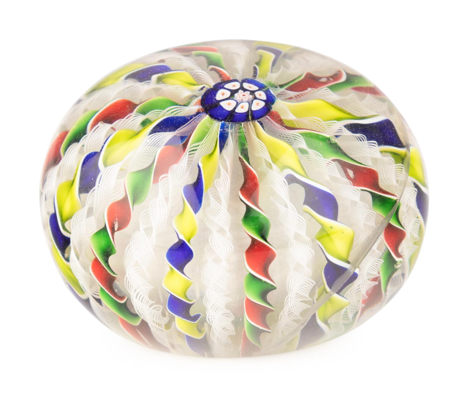 A Four-Color Ribbon and Latticino Twist Crown Glass Paperweight