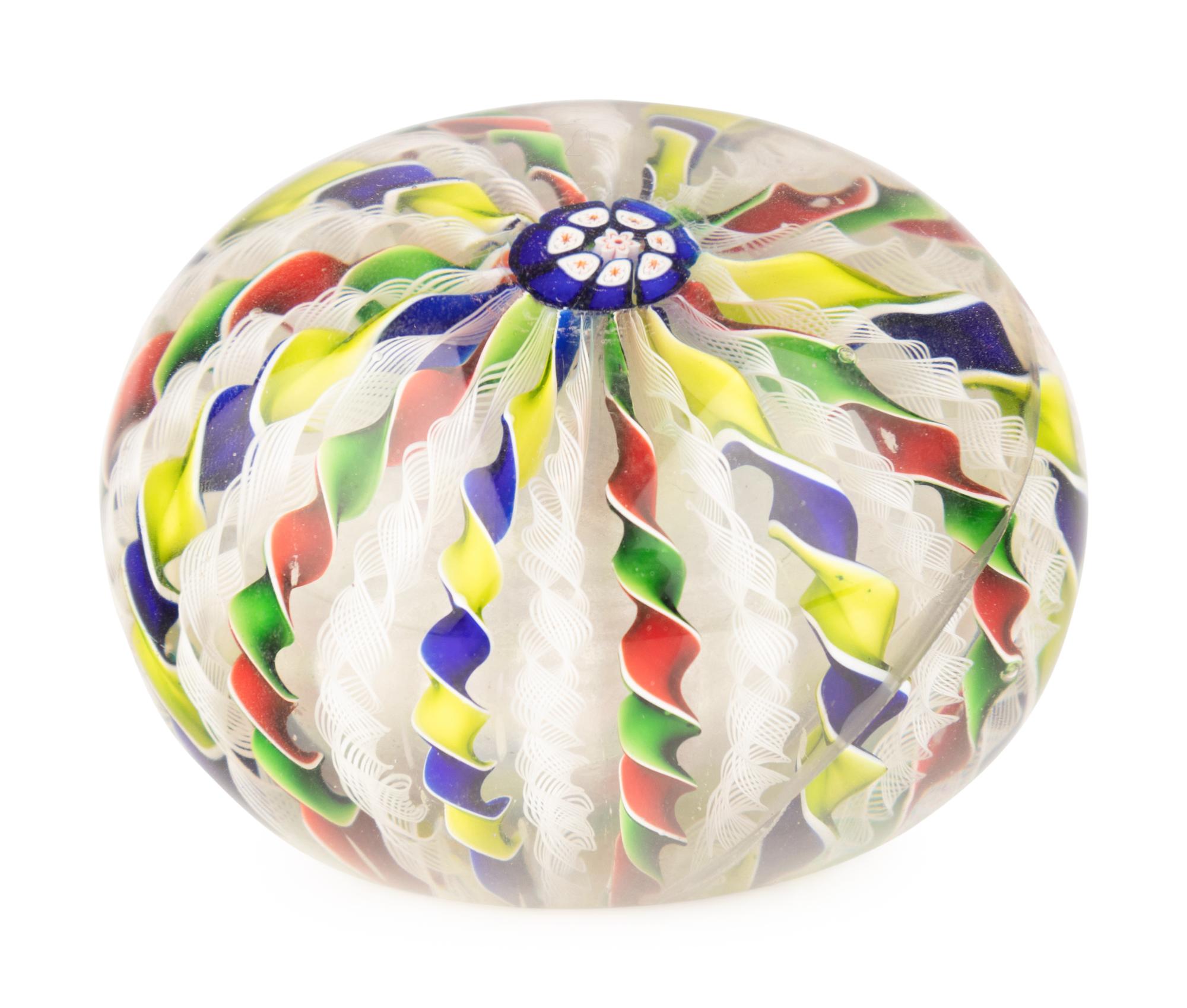 A Four-Color Ribbon and Latticino Twist Crown Glass Paperweight