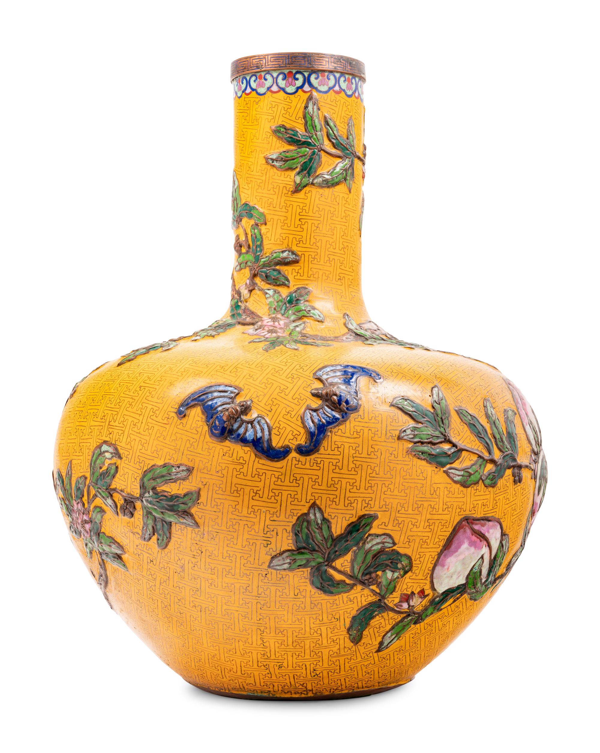 Three Large Chinese Yellow Ground Cloisonné Enamel Vases, Tianqiuping
