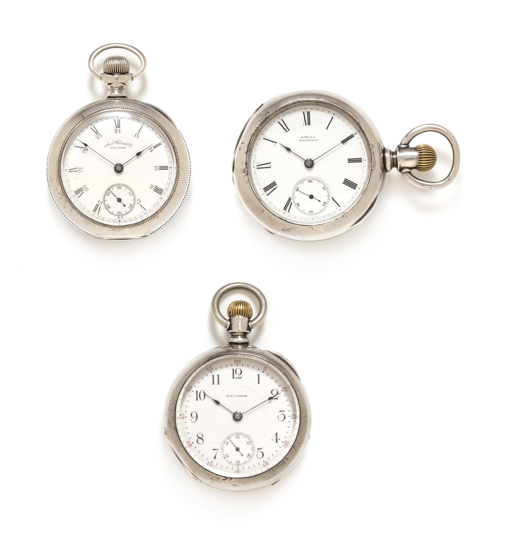 A Collection of Coin Silver Open Face Pocket Watches, Waltham, Circa 1907, 1890, and 1883, 310.00 dwts.
