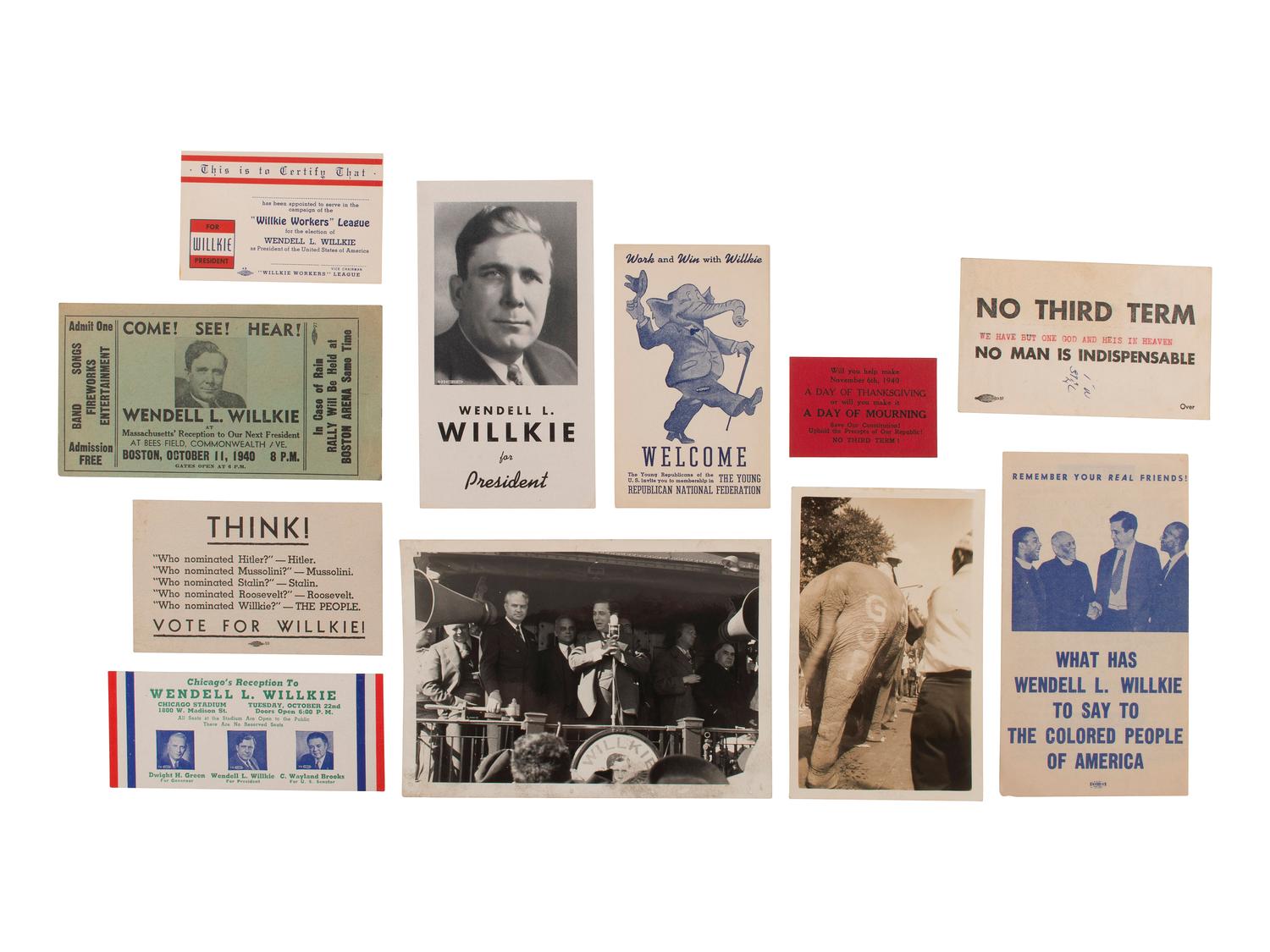 [WILLKIE, Wendell (1892-1944)]. A group of photographs, tickets, publications, sheet music, and other ephemera related Willkie's 1940 presidential nomination and campaign.