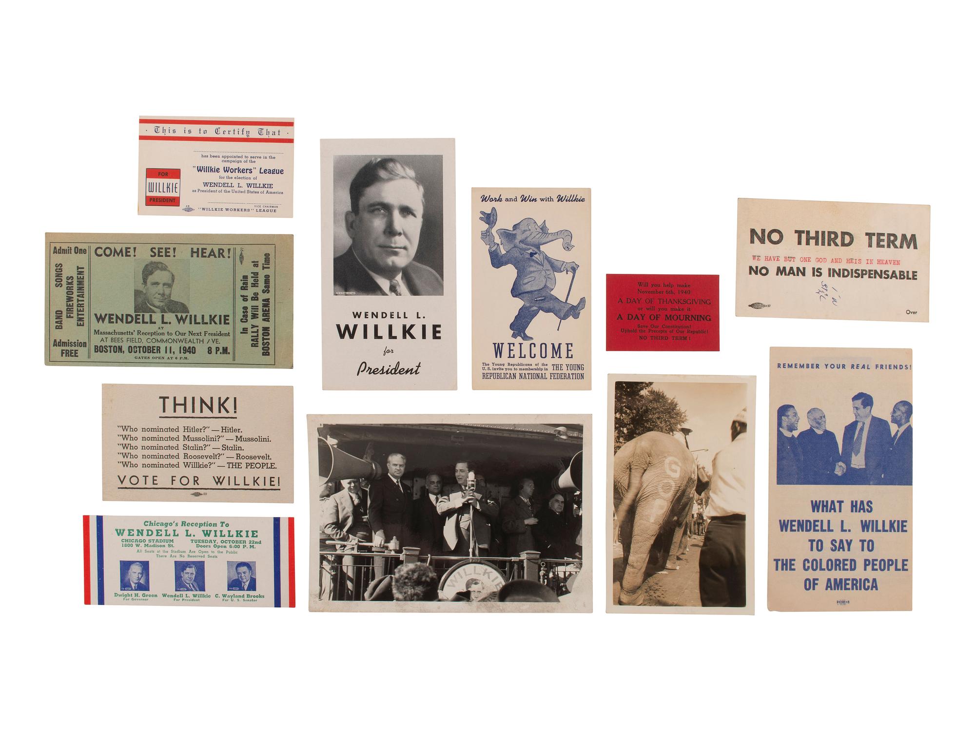 [WILLKIE, Wendell (1892-1944)]. A group of photographs, tickets, publications, sheet music, and other ephemera related Willkie's 1940 presidential nomination and campaign.