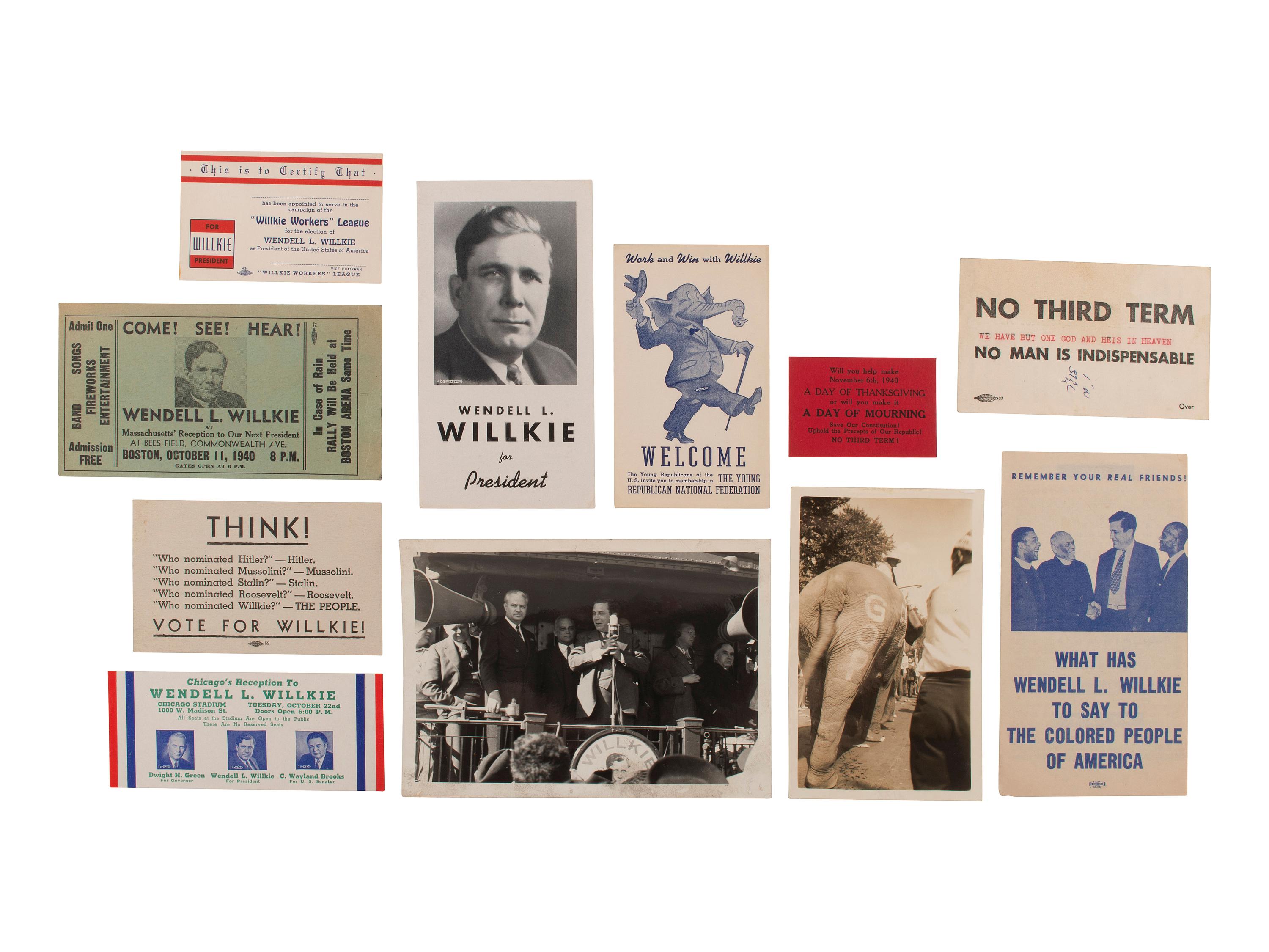 [WILLKIE, Wendell (1892-1944)]. A group of photographs, tickets, publications, sheet music, and other ephemera related Willkie's 1940 presidential nomination and campaign.