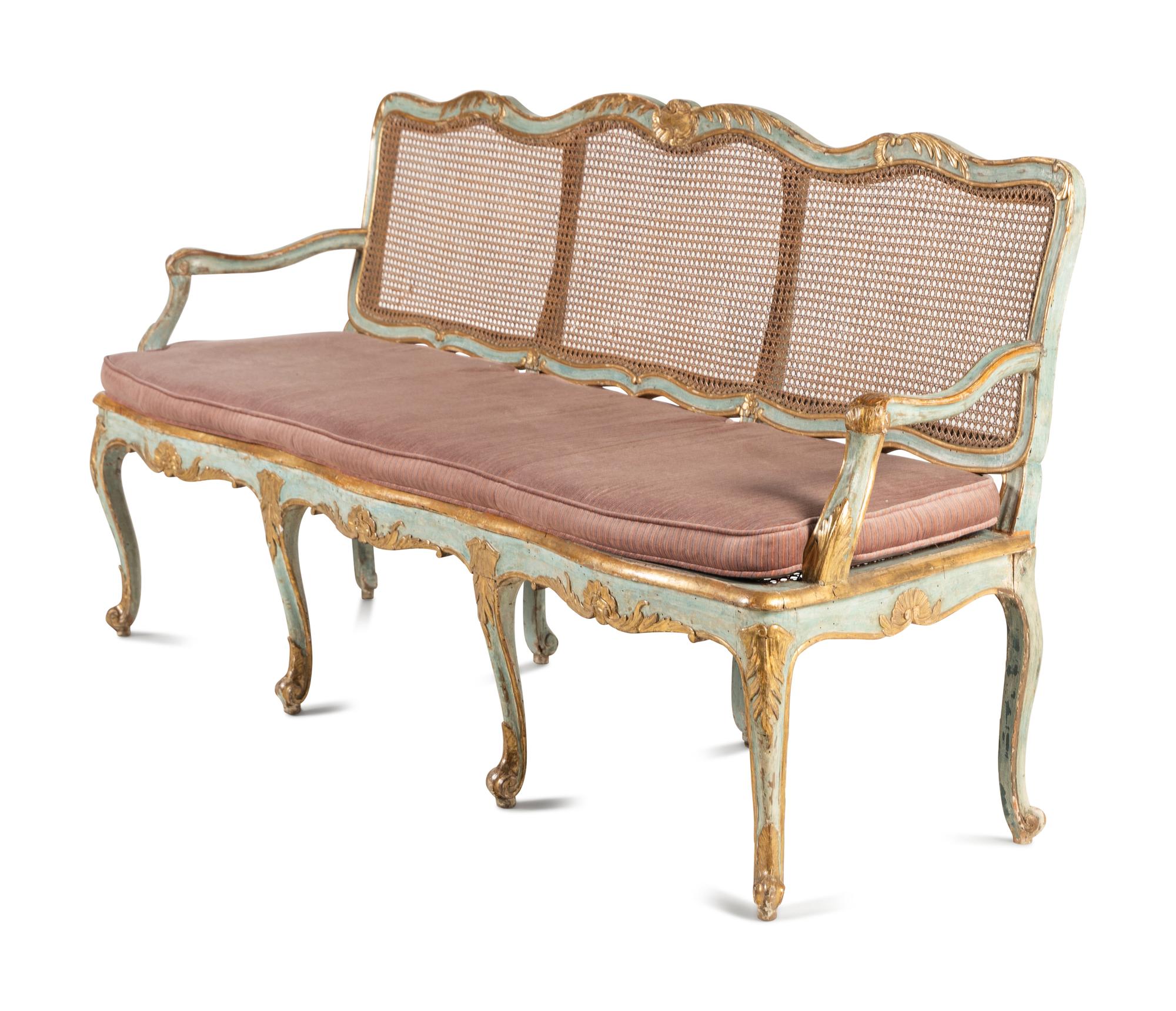 A North Italian Blue Painted and Parcel Gilt Settee