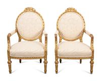 A Pair of Louis XVI Style Giltwood Fauteuils