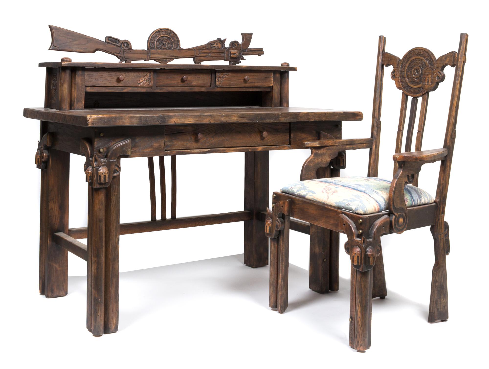 A Western Themed Desk and Matching Chair Height 46 x width 50 x depth 30 inches.