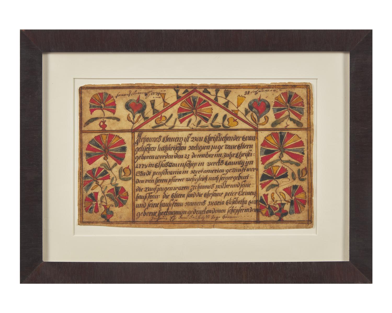 A Fraktur: Birth and Baptism Record for Johannes Clemens, Dated "1778," Attributed to Conrad Trevits (1751-1830), Alsace Township, Berks County, Pennsylvania