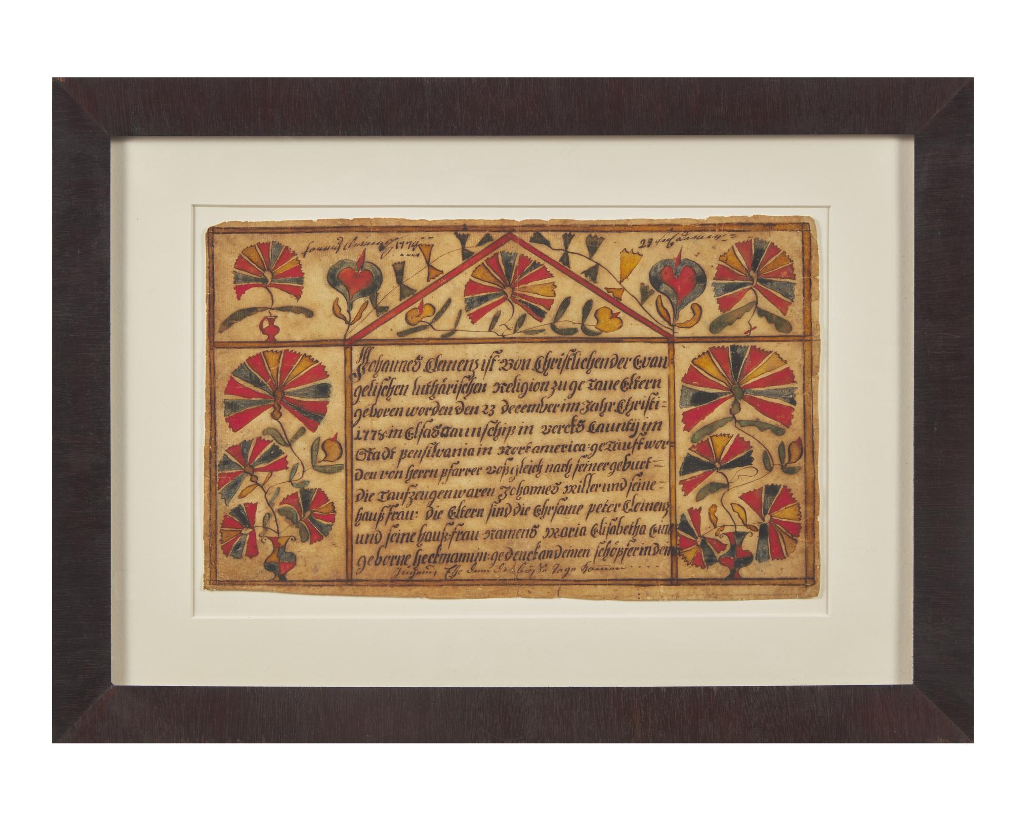 A Fraktur: Birth and Baptism Record for Johannes Clemens, Dated "1778," Attributed to Conrad Trevits (1751-1830), Alsace Township, Berks County, Pennsylvania