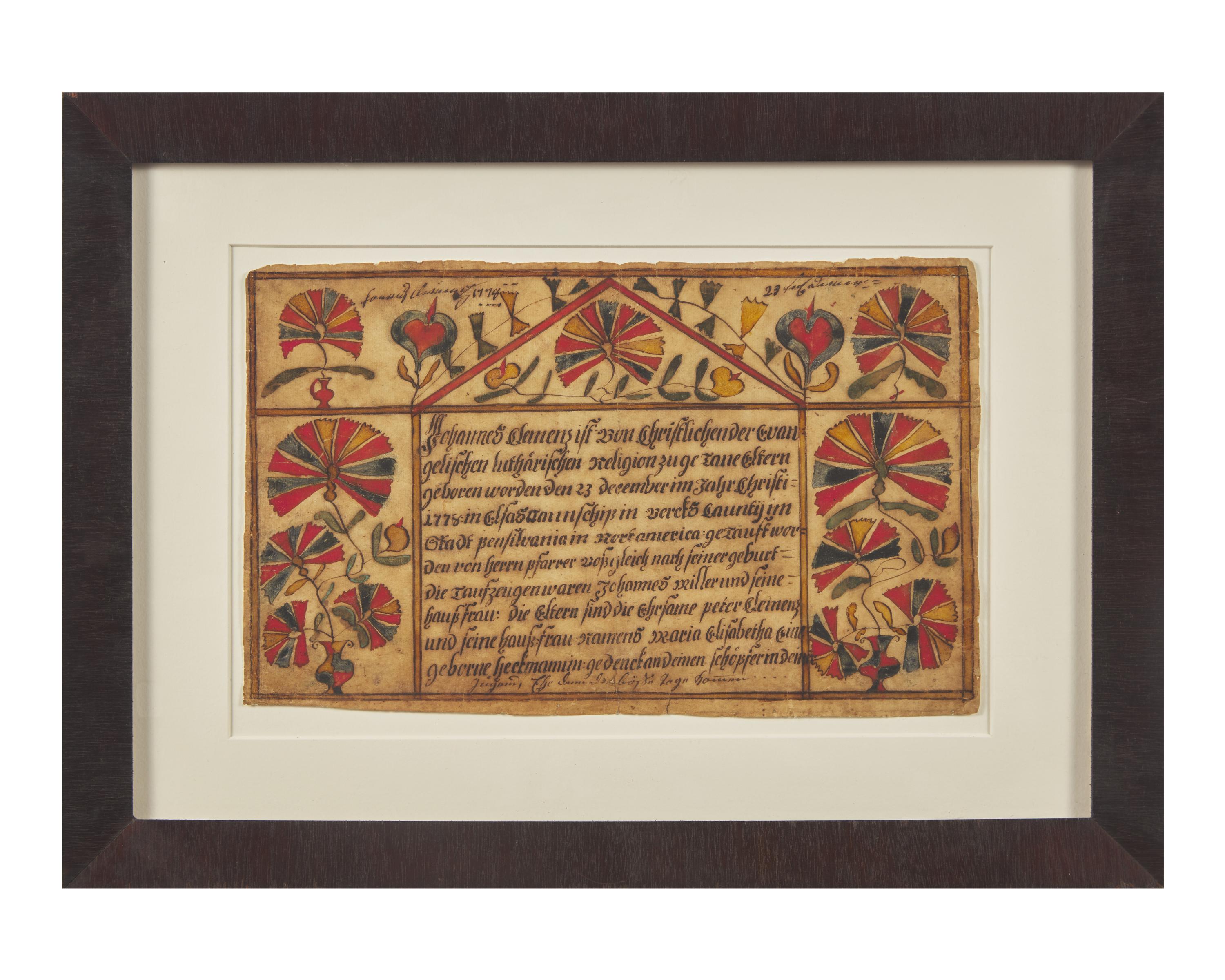 A Fraktur: Birth and Baptism Record for Johannes Clemens, Dated "1778," Attributed to Conrad Trevits (1751-1830), Alsace Township, Berks County, Pennsylvania
