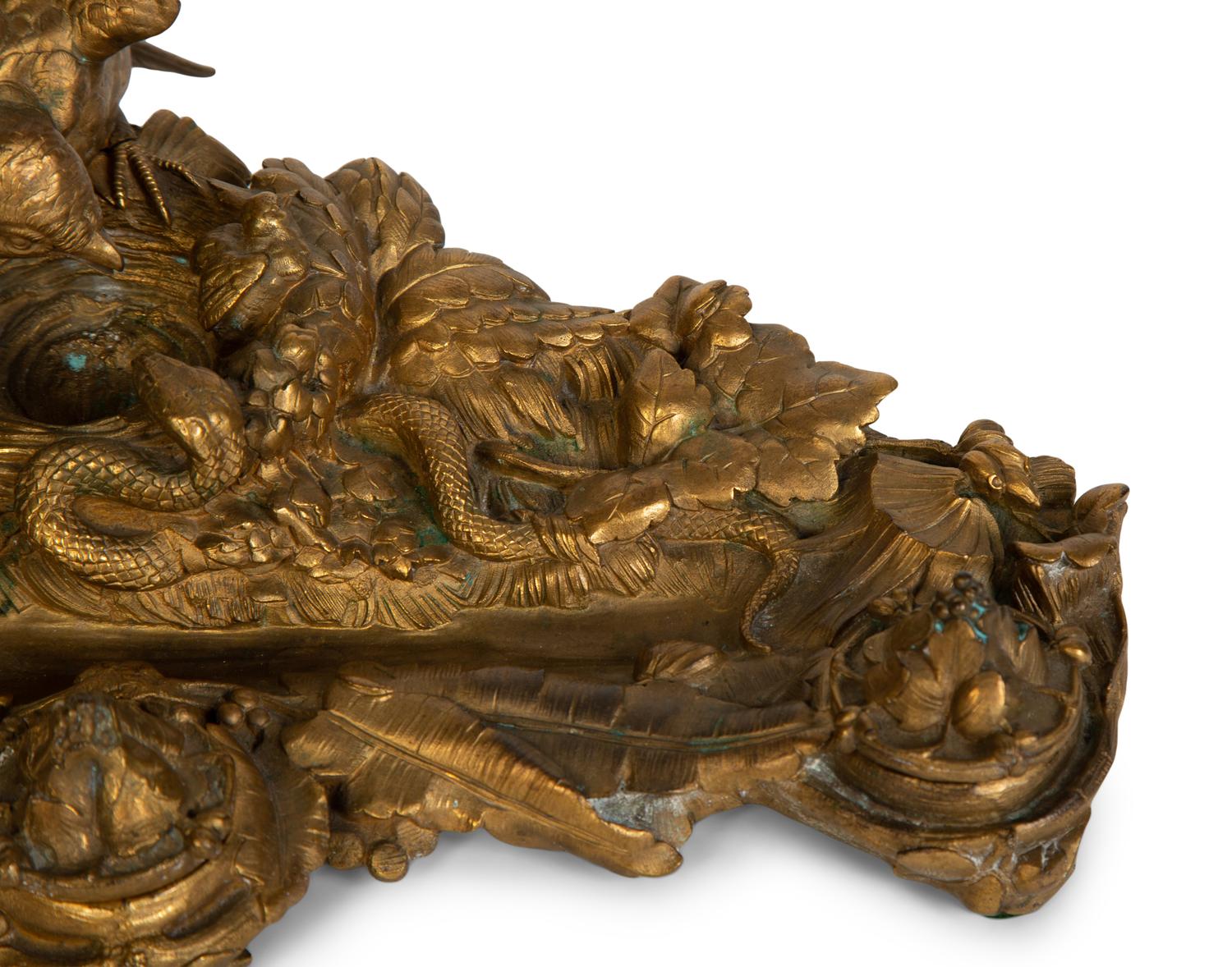 A Continental Gilt Bronze Inkwell with Bird and Nest in the Manner of Pautrot — 19th Century