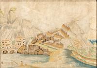A Needlework Embroidered Picture of Fishermen in a Mountainous Landscape