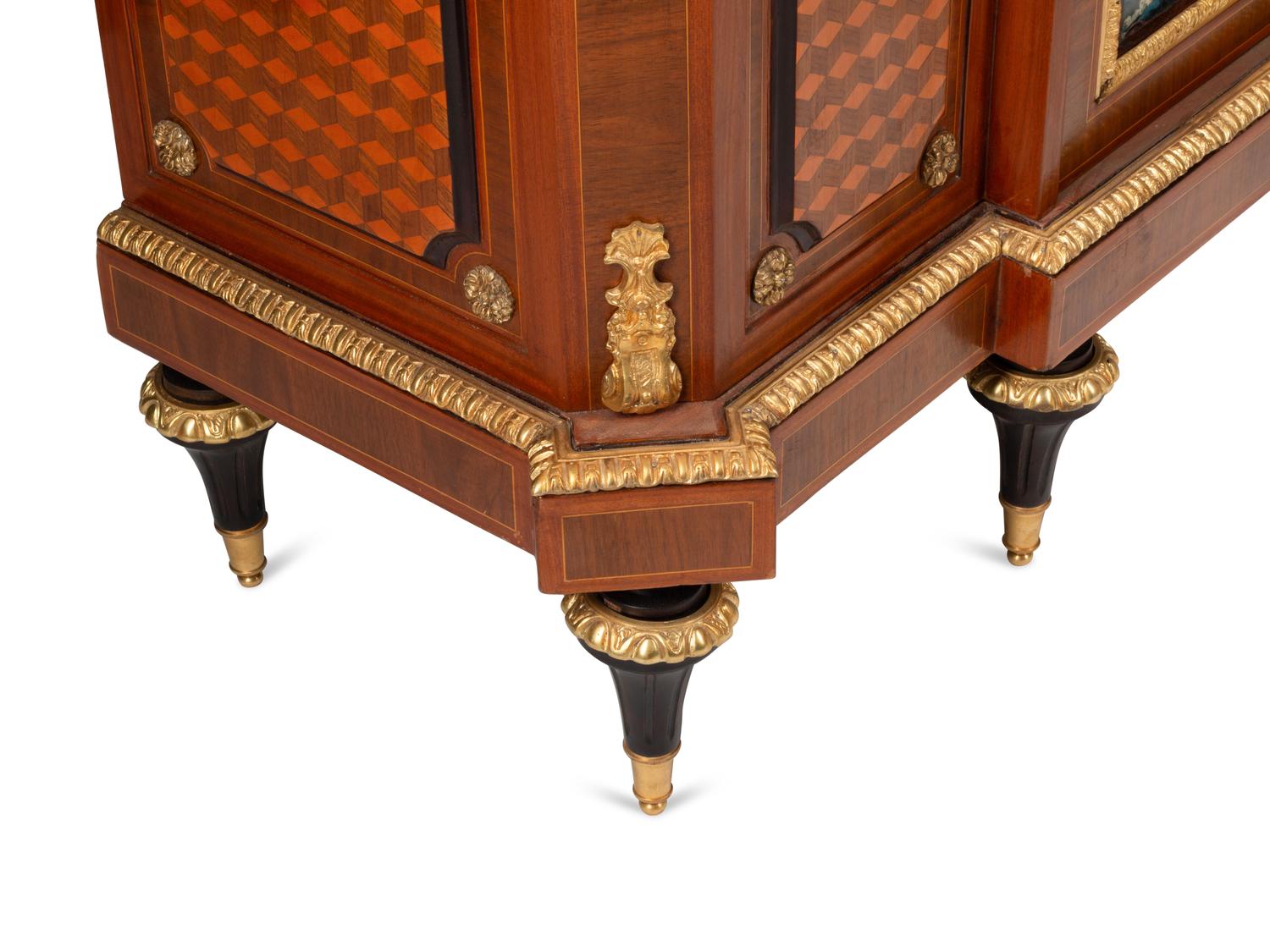 A Matched Pair of Louis XVI Style Gilt Bronze and Porcelain Mounted Parquetry Marble-Top Cabinets