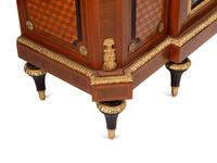 A Matched Pair of Louis XVI Style Gilt Bronze and Porcelain Mounted Parquetry Marble-Top Cabinets