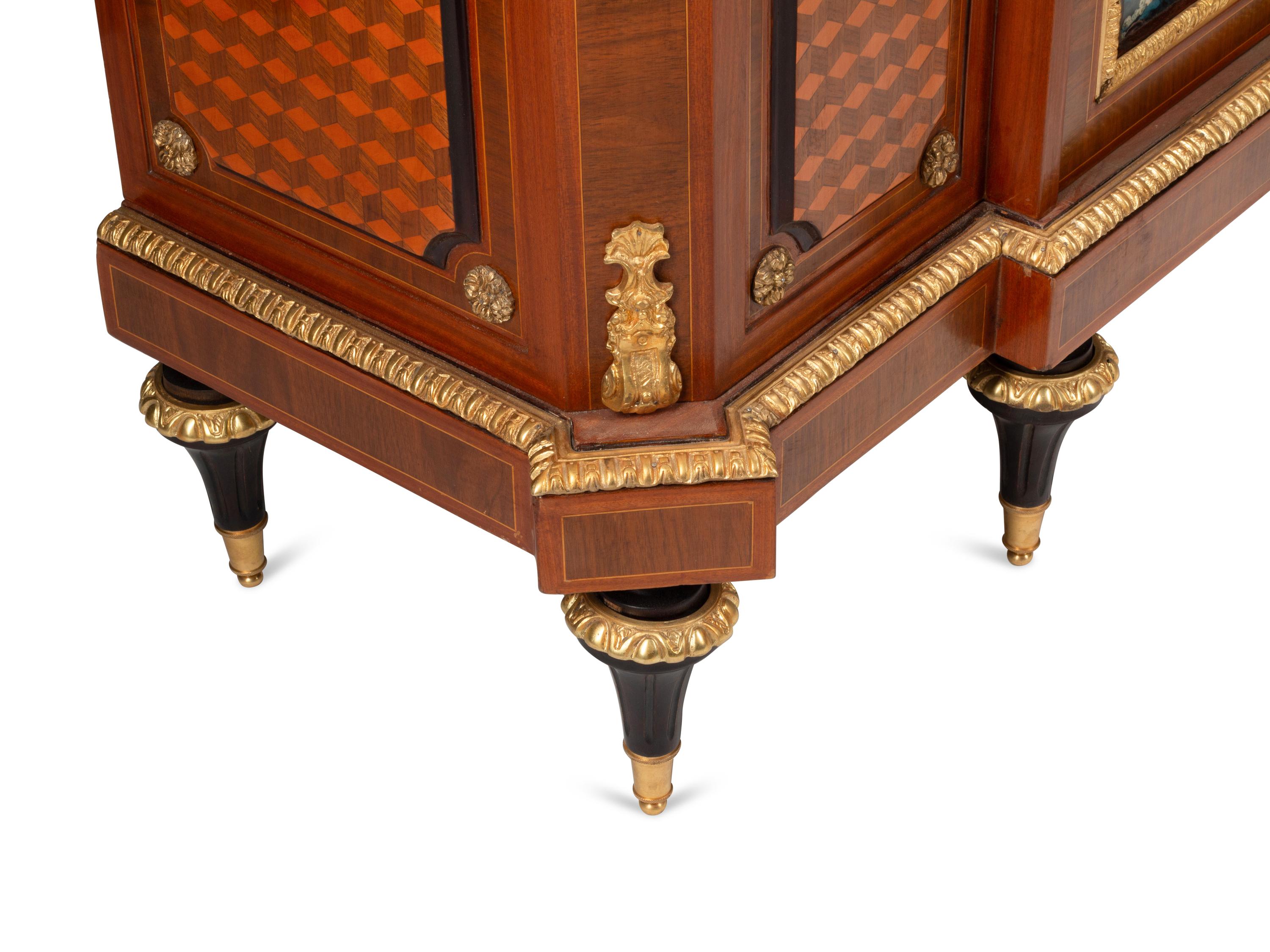 A Matched Pair of Louis XVI Style Gilt Bronze and Porcelain Mounted Parquetry Marble-Top Cabinets
