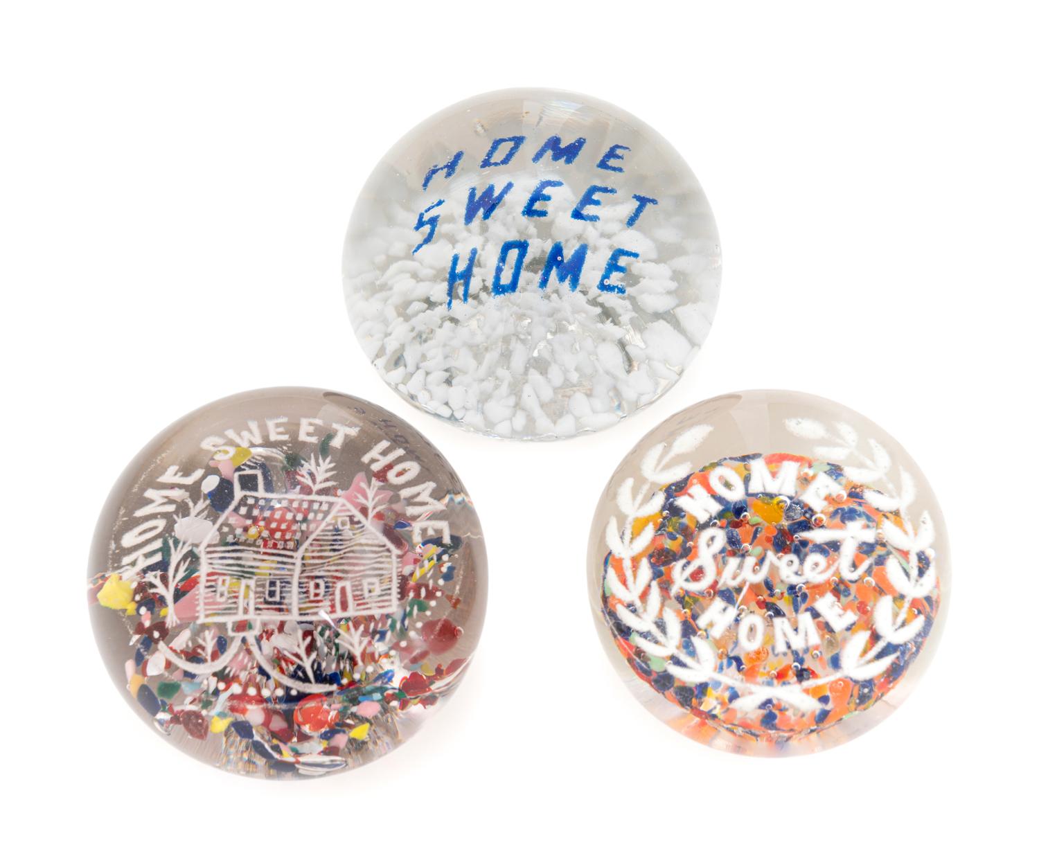 Three American Frit Home Sweet Home Motto Over Speckled Ground Glass Paperweights