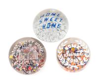 Three American Frit Home Sweet Home Motto Over Speckled Ground Glass Paperweights