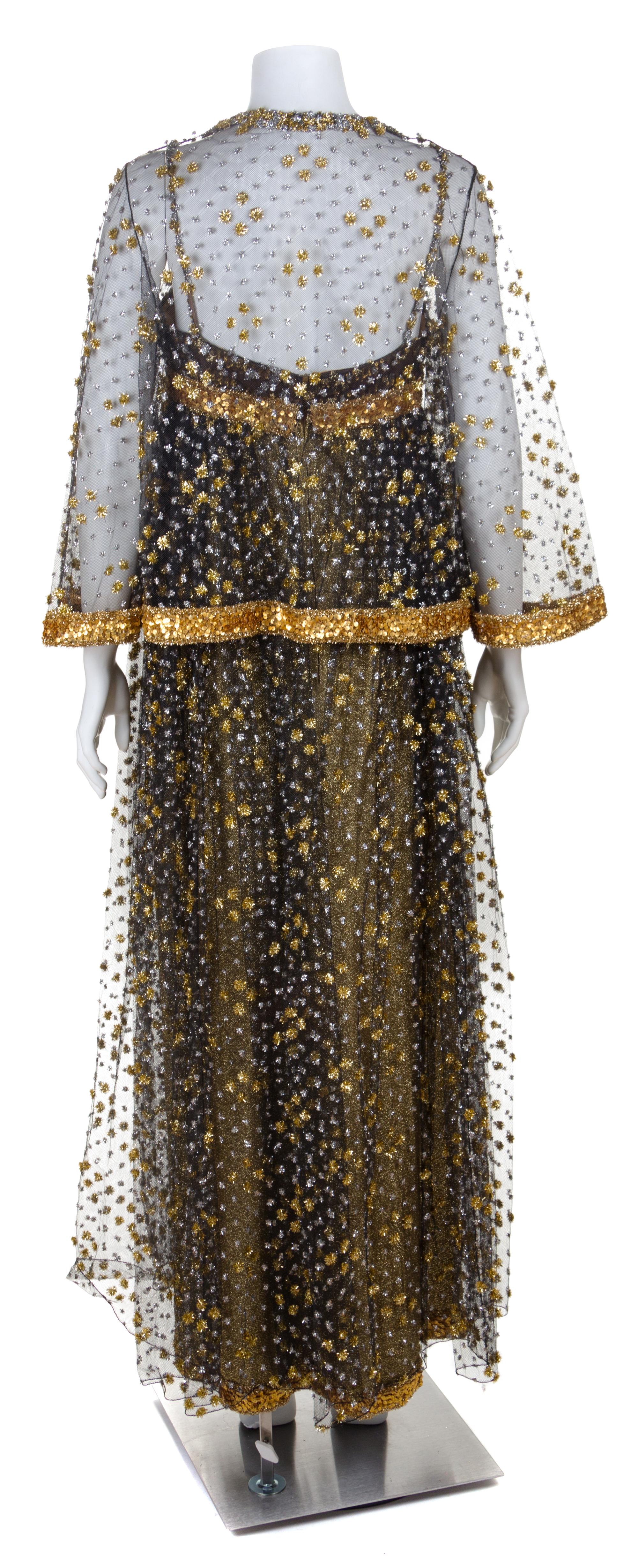 A Galanos Gold Lamé and Black Tulle Evening Gown and Jacket, No size.
