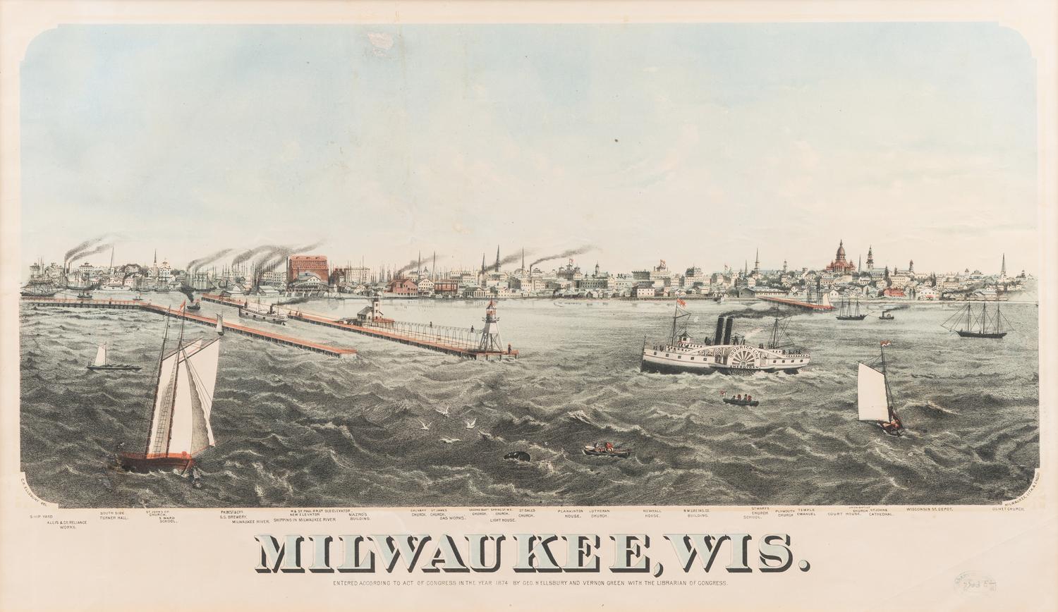 [MILWAUKEE]. ELLSBURY, George H. (1840-1900) and Vernon GREEN. Milwaukee, Wis. Milwaukee: Milwaukee Lith. & Eng. Co., 1874.