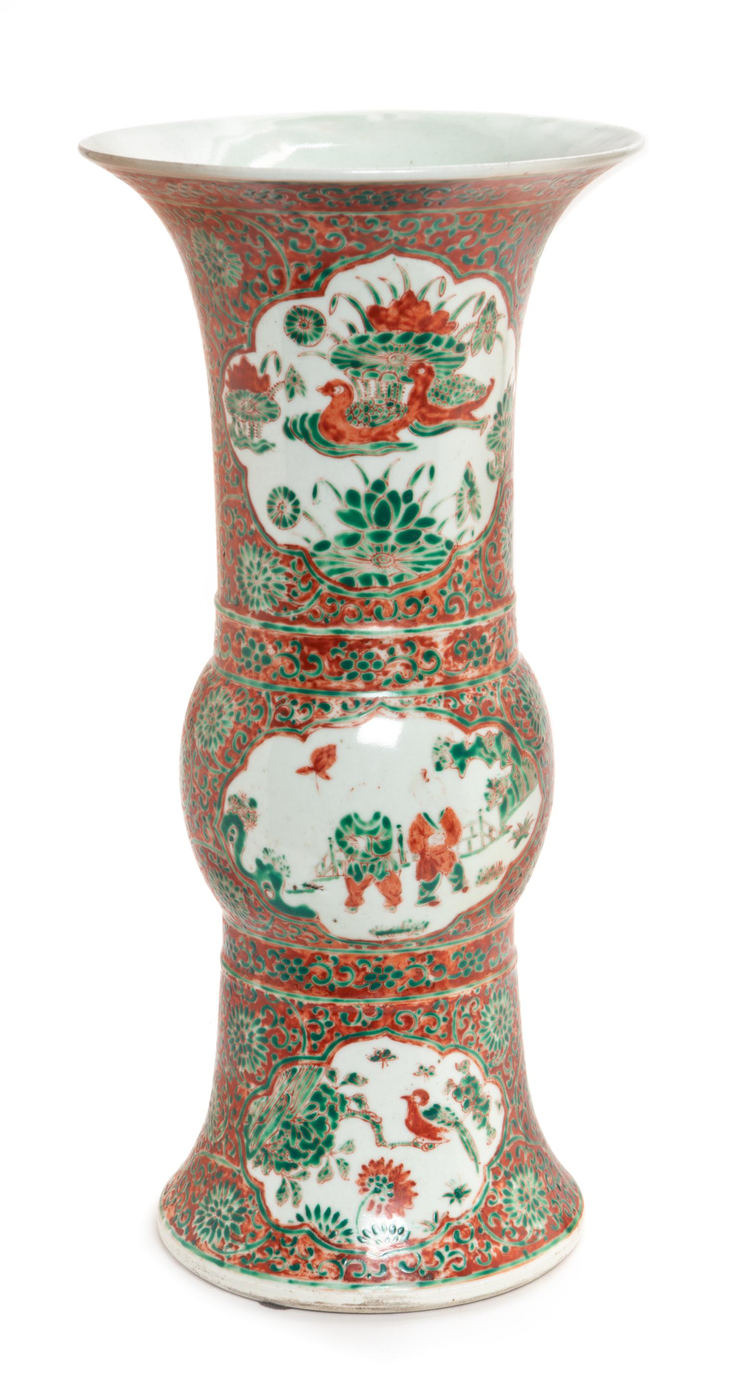 A Chinese Red and Green Enameled Porcelain Gu-Form Vase