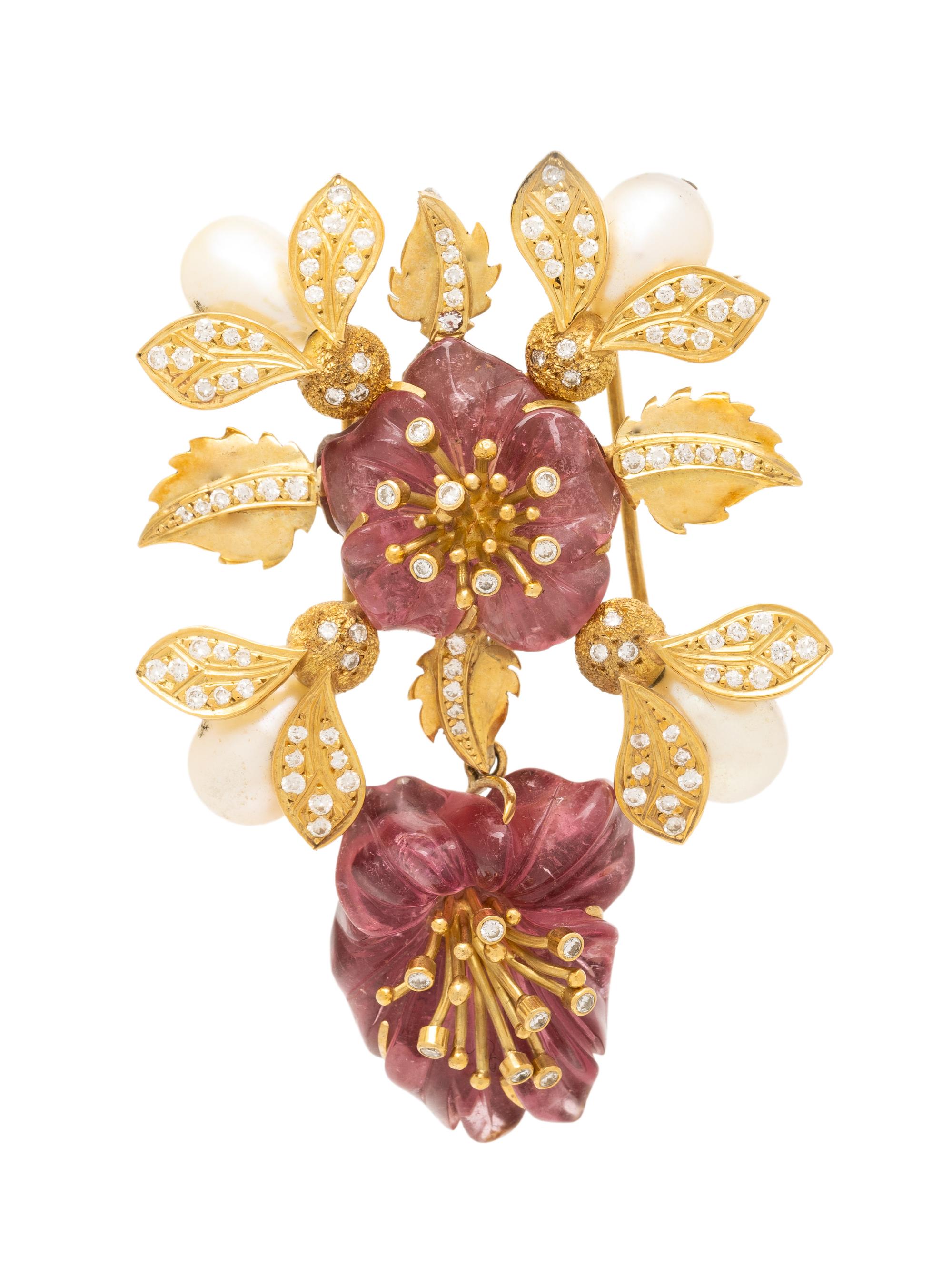 PINK TOURMALINE, CULTURED PEARL, DIAMOND, AND YELLOW GOLD FLOWER PENDANT