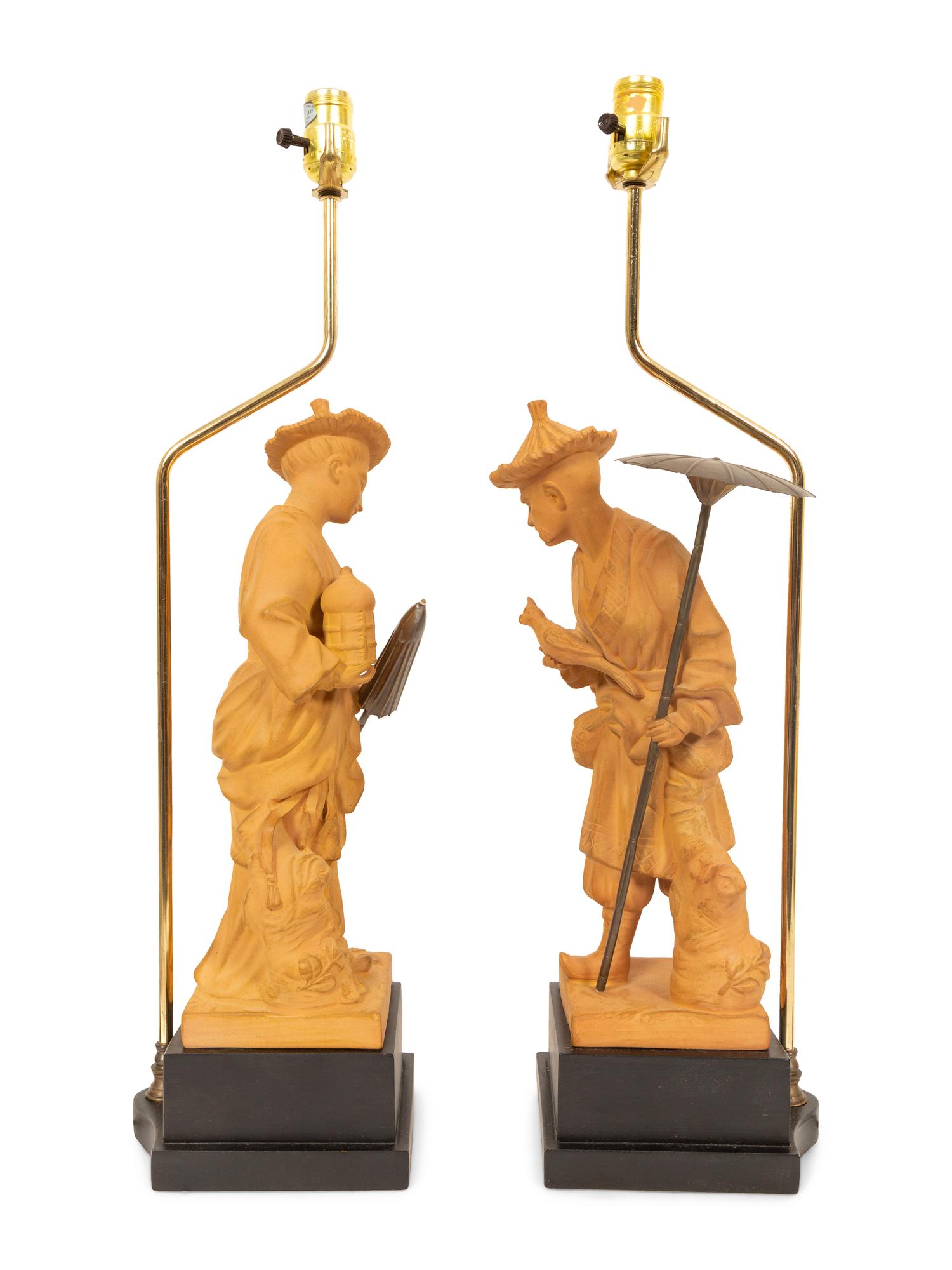 A Pair of Terracotta Chinese Figures Mounted as Lamps