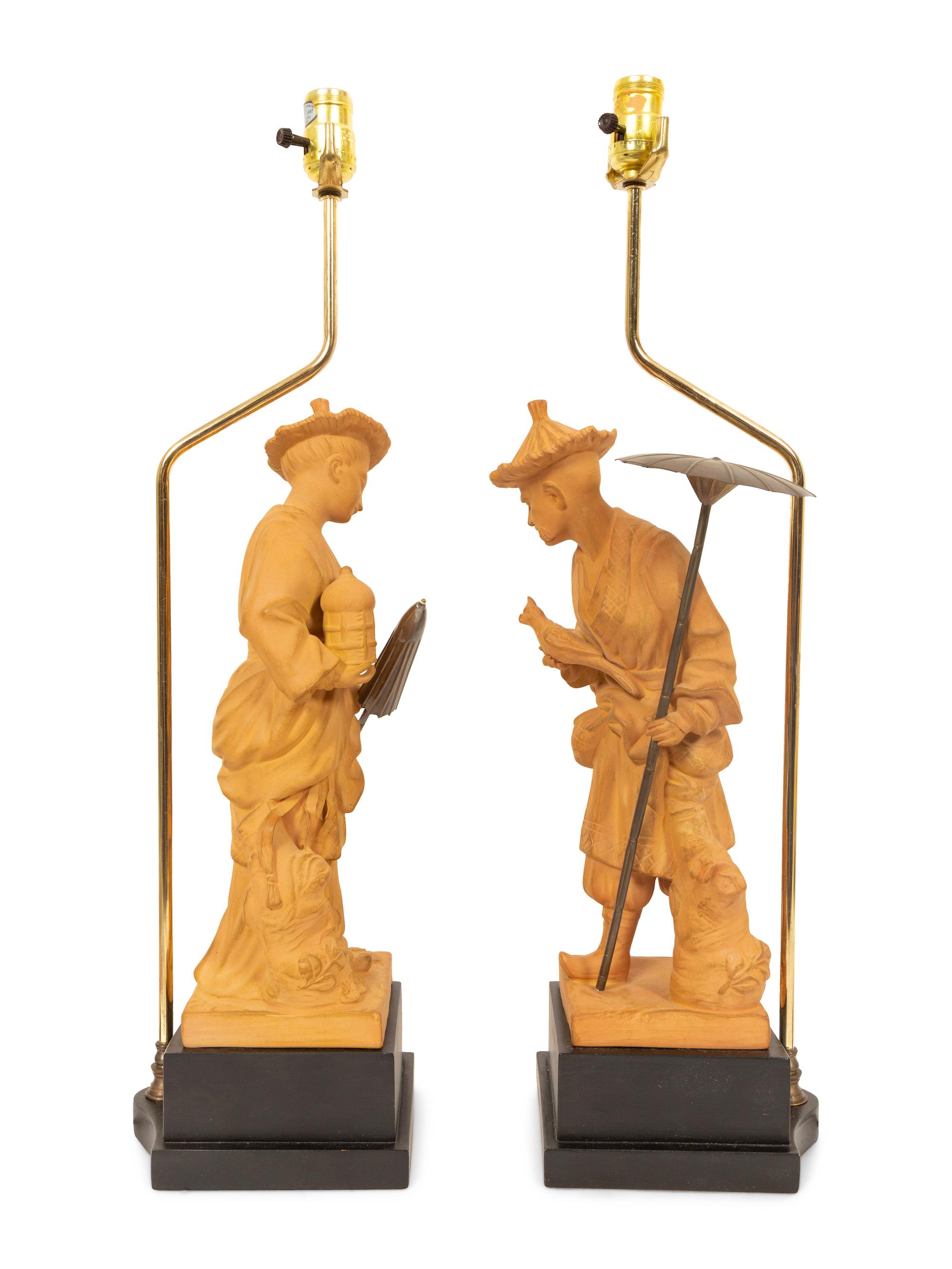 A Pair of Terracotta Chinese Figures Mounted as Lamps