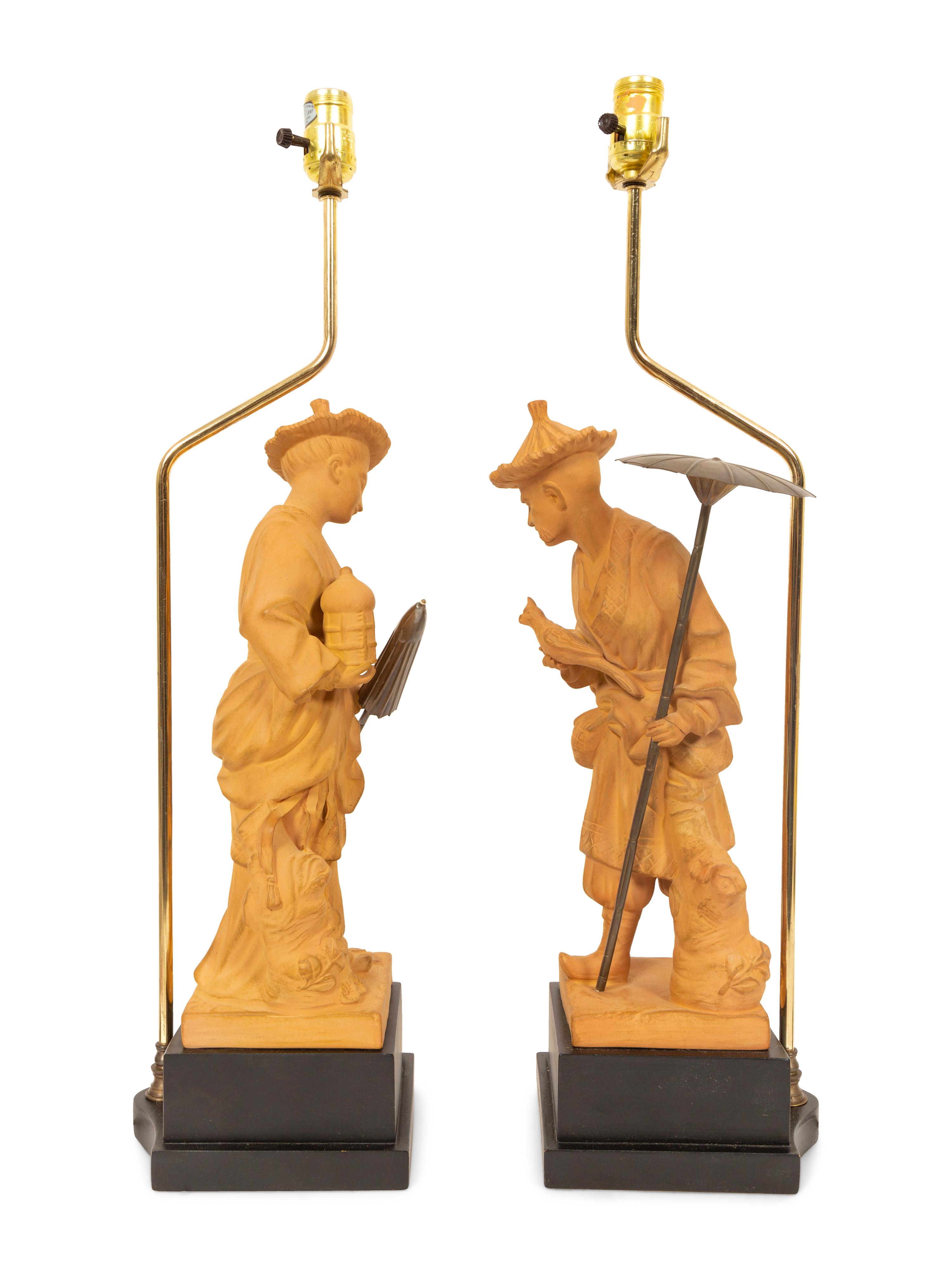 A Pair of Terracotta Chinese Figures Mounted as Lamps