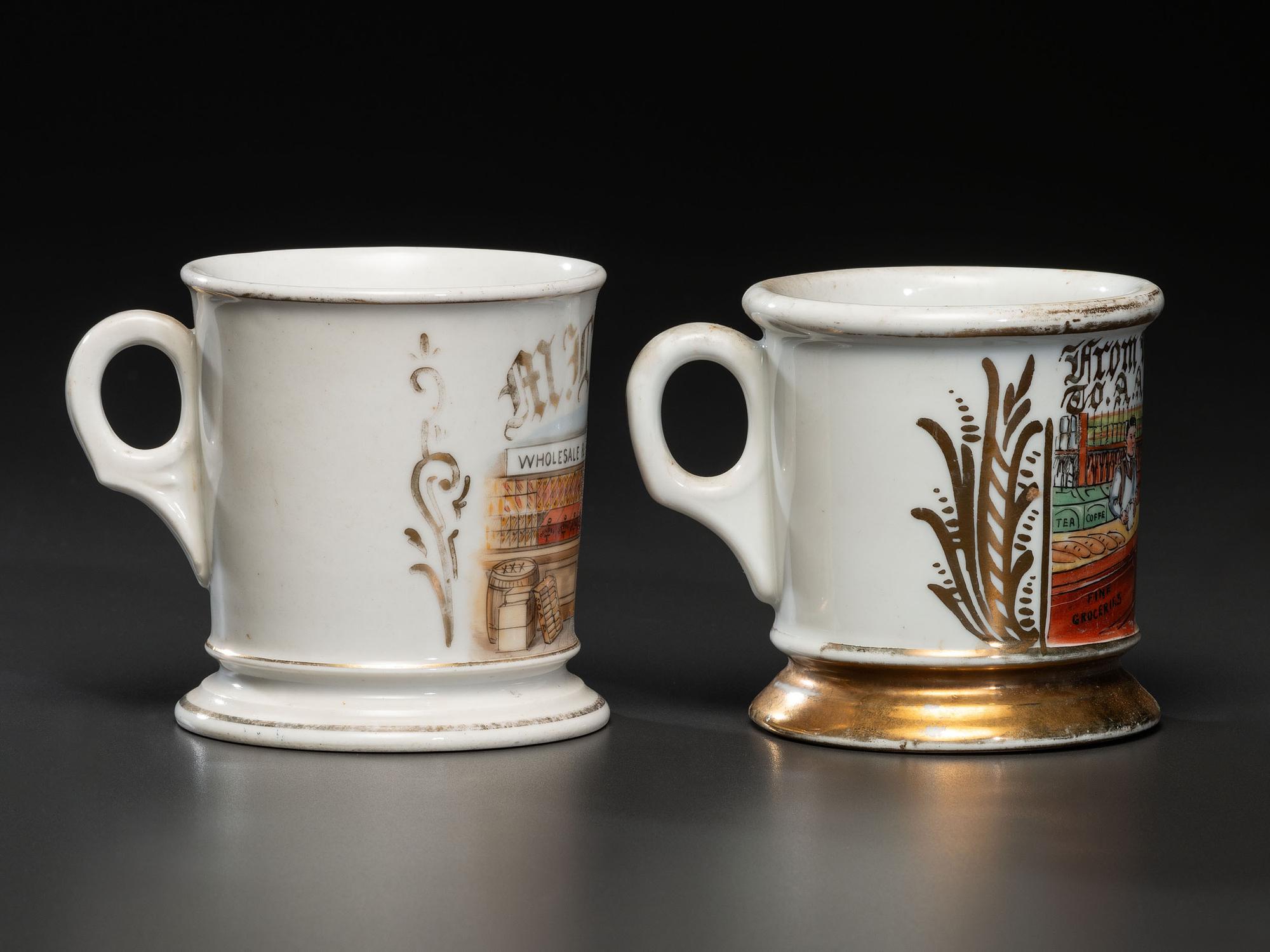 Two Grocer's Porcelain Occupational Shaving Mugs