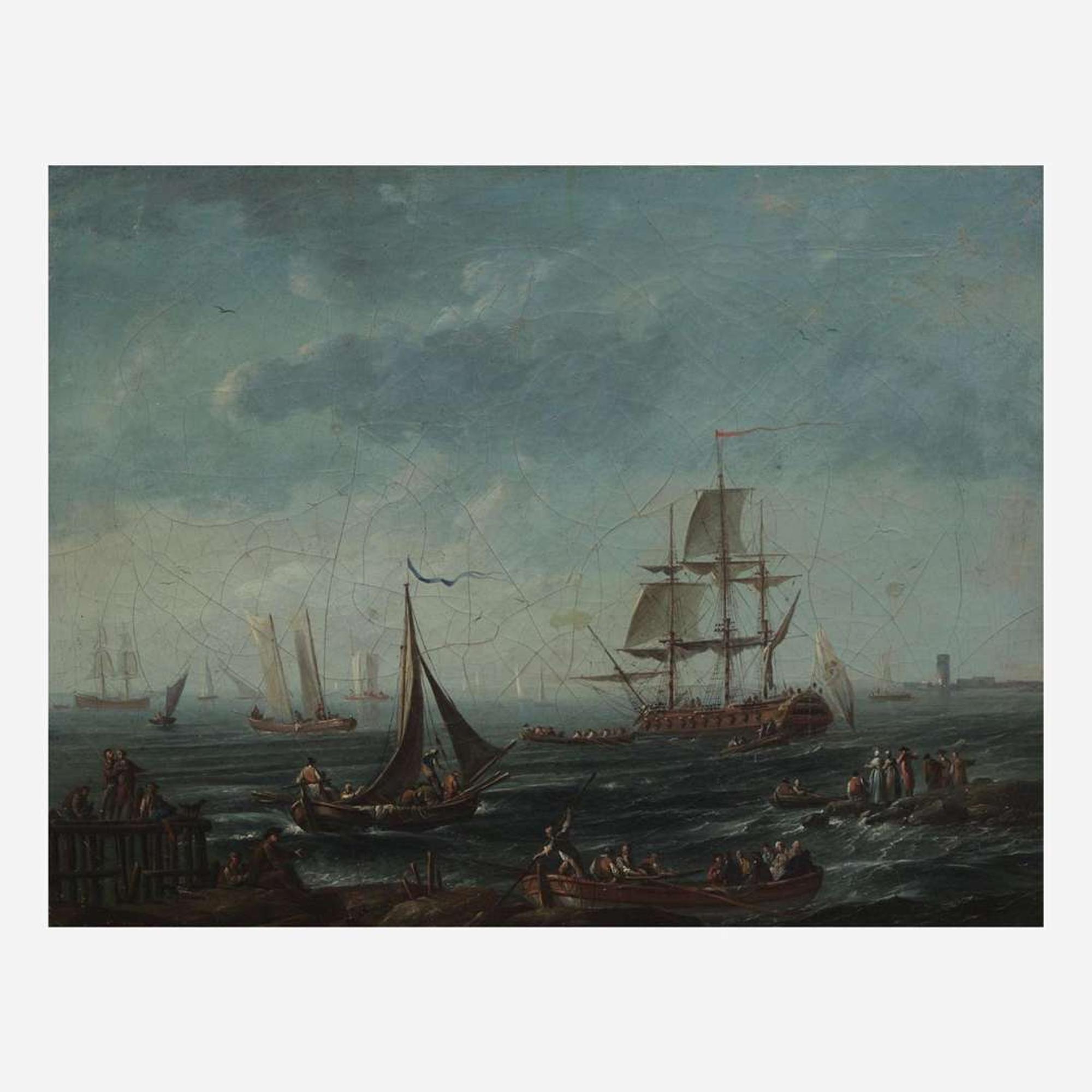 Italian School (18th Century) Harbor Scene with Ships and Passengers