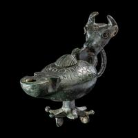 A Late Roman Bronze Lamp with Bull Head Handle and Greek Inscription