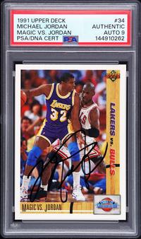 A 1991 Upper Deck Michael Jordan Signed Autograph Basketball Card No. 34 (PSA 9 MINT AUTO) — Autograph obtained from Jordan by Make-A-Wish child in 1992 at Chicago Stadium