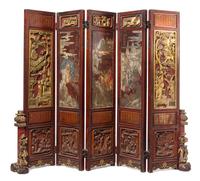 A Five-Fold Carved Wood Screen Height 41 3/4 x width of each panel 9 1/4 inches. — 19TH CENTURY