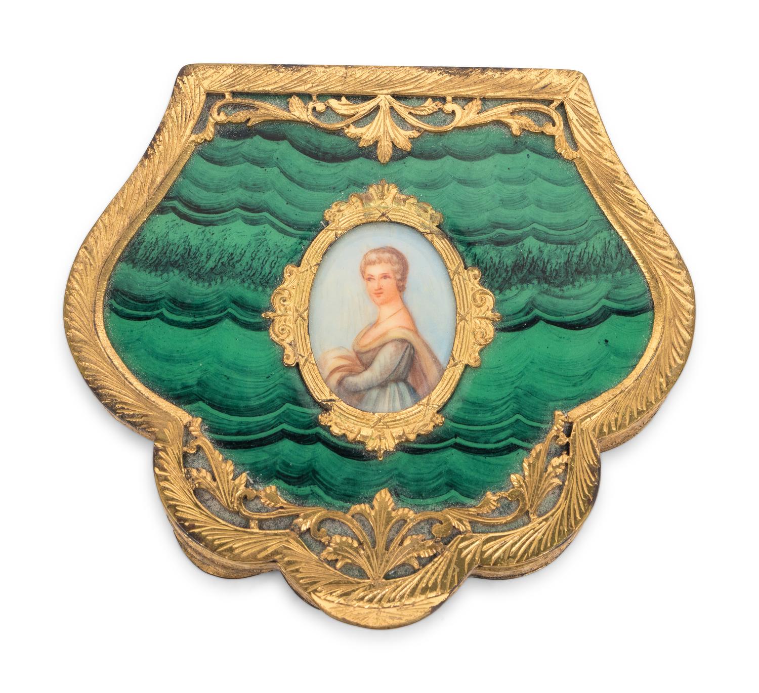 A Continental Gilt Metal and Faux Malachite Compact