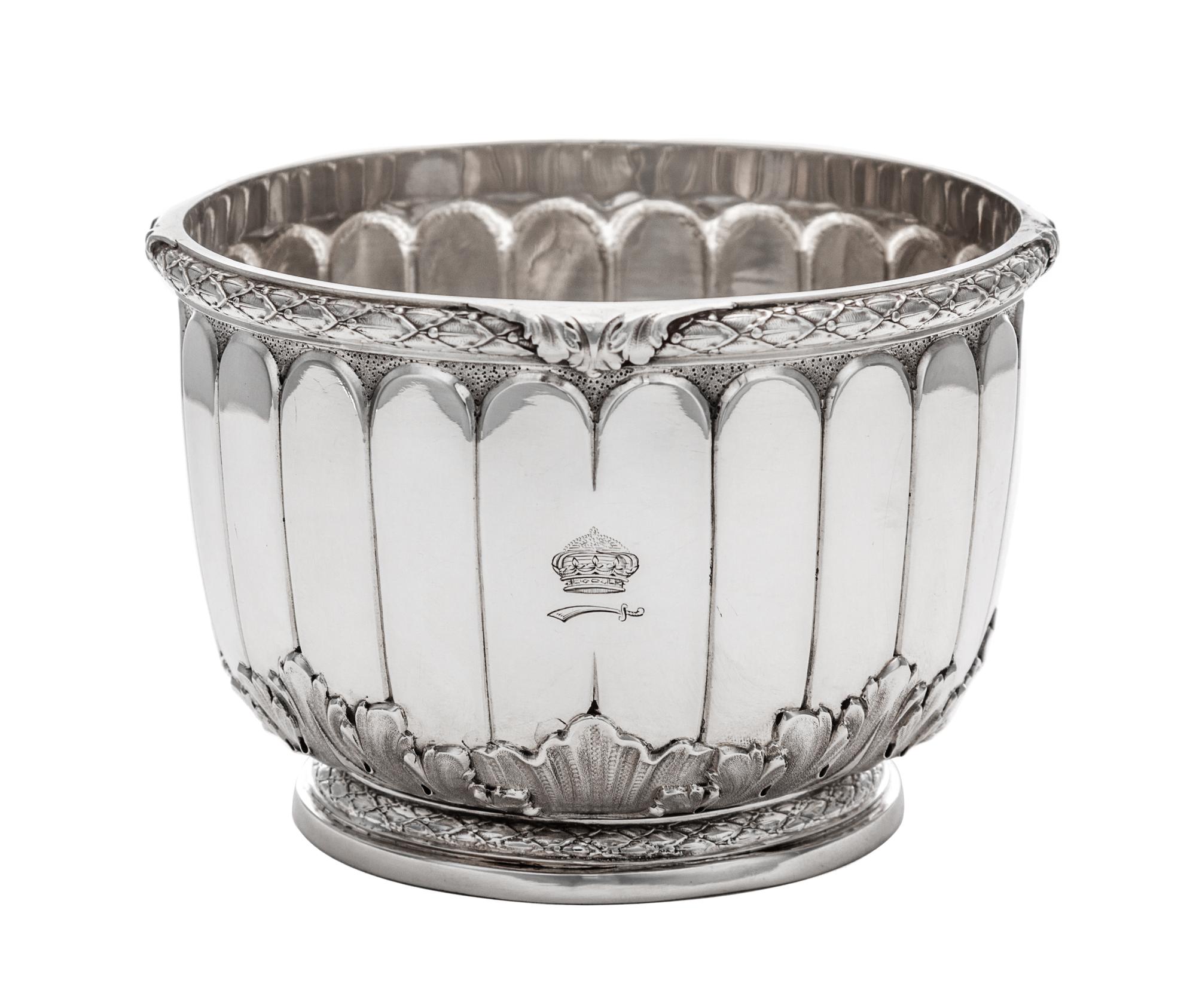 A French Silver Ice Bowl, Tetard Freres, Paris, Early 20th Century, the foliate decorated rim above the fluted body engraved with a cor