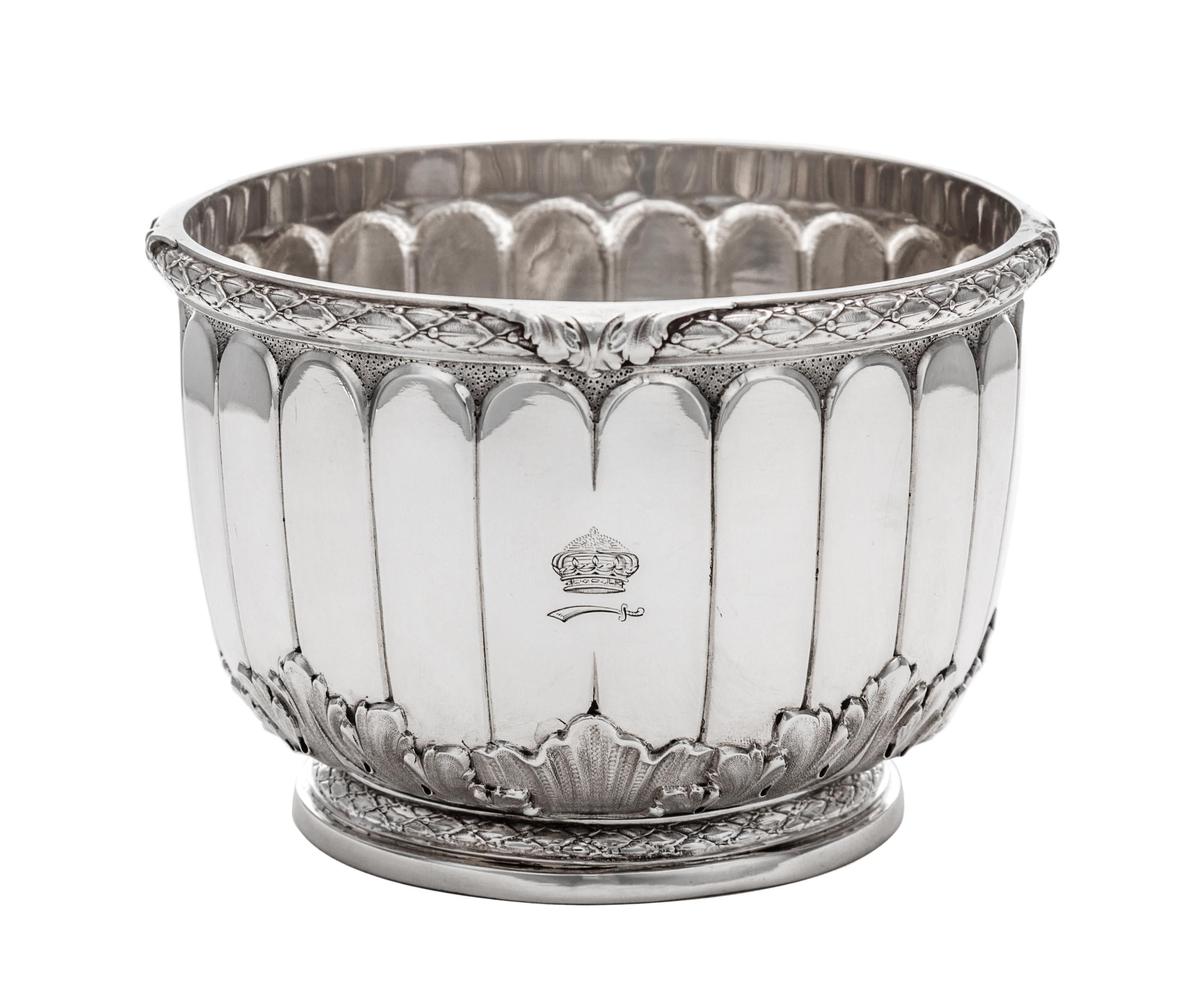 A French Silver Ice Bowl, Tetard Freres, Paris, Early 20th Century, the foliate decorated rim above the fluted body engraved with a cor