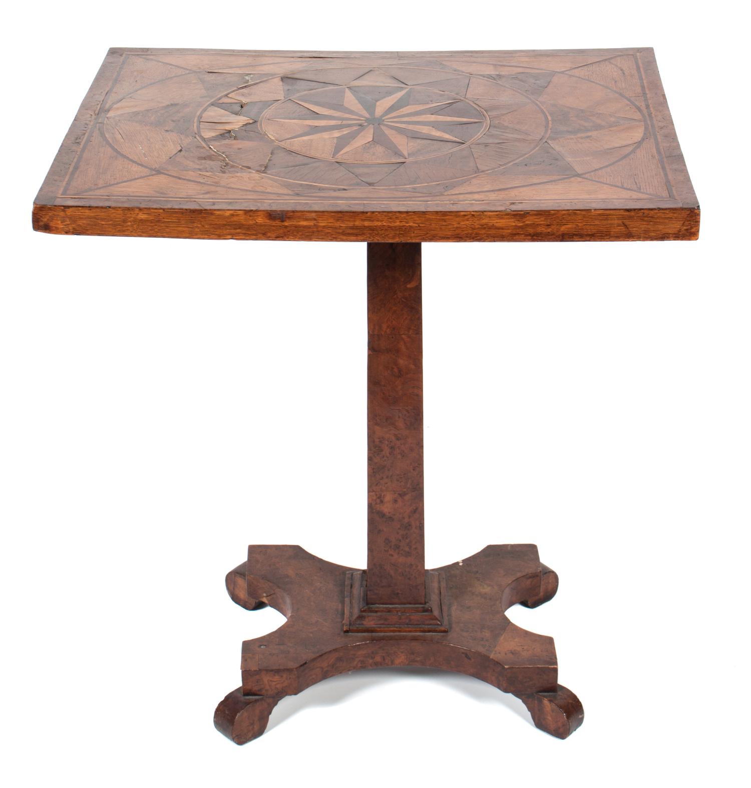 A German Walnut Marquetry Tilt-Top Table Height 27 3/4 x width 25 3/4 x depth 19 3/4 inches. — 19TH CENTURY