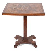 A German Walnut Marquetry Tilt-Top Table Height 27 3/4 x width 25 3/4 x depth 19 3/4 inches. — 19TH CENTURY