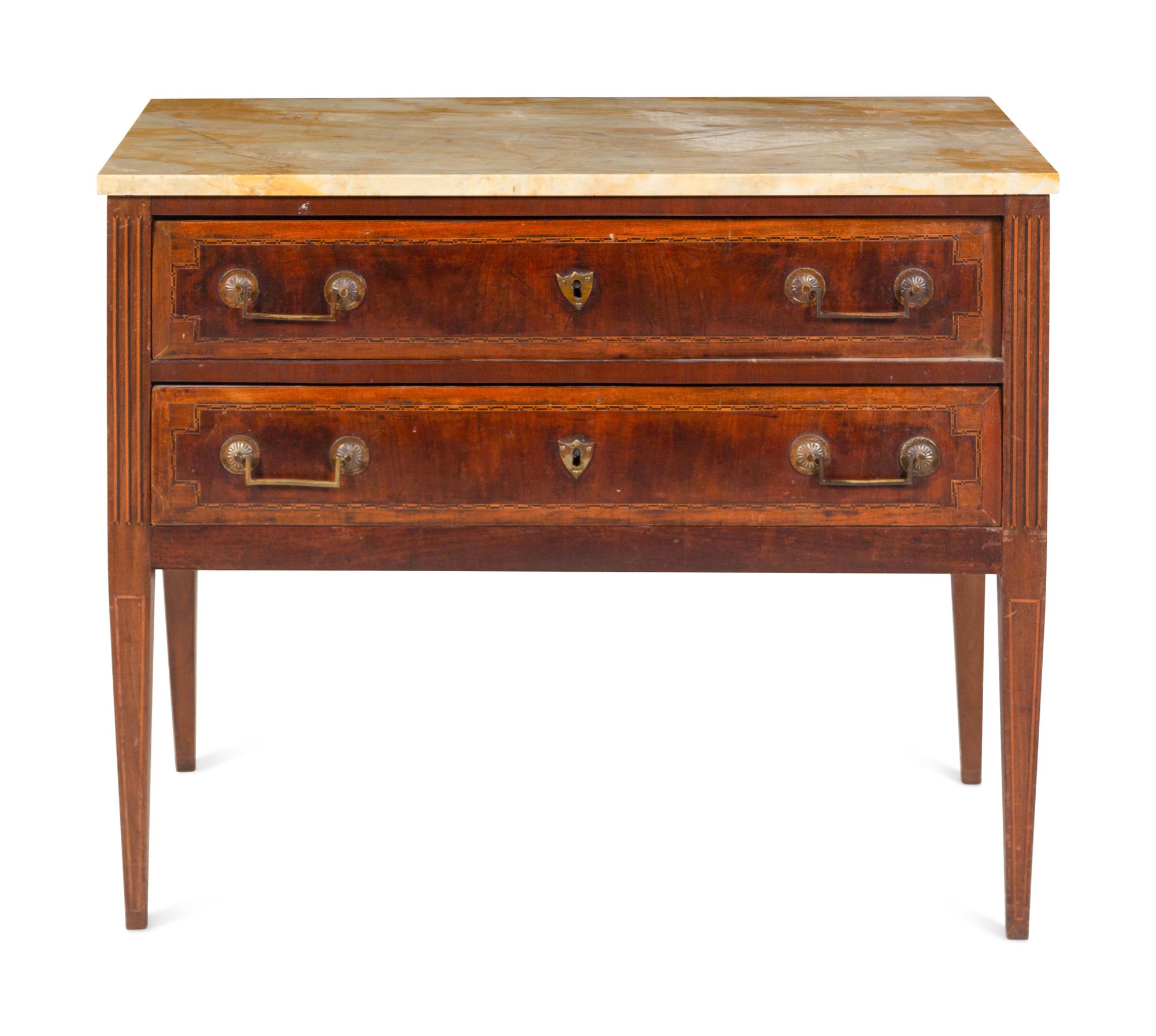 An Italian Mahogany and Marquetry Marble-Top Commode