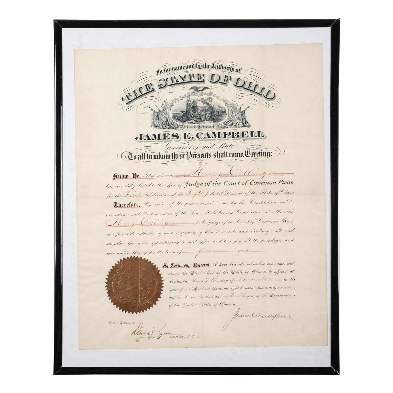 [POLITICS IN AMERICA] - [OHIO]. A group of 4 documents signed, incl. William McKinley.