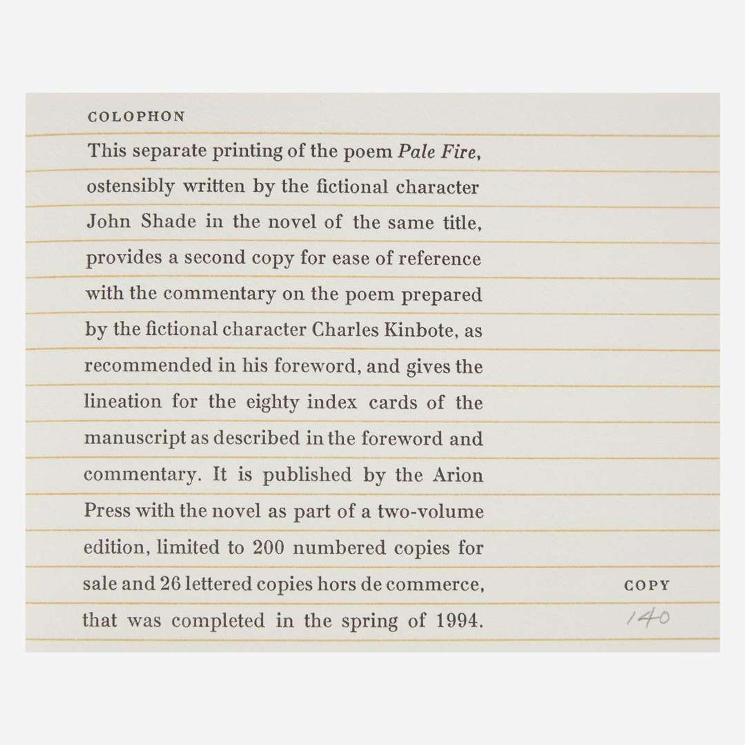 [Private Press] [Arion Press, The] Nabokov, Vladimir Pale Fire