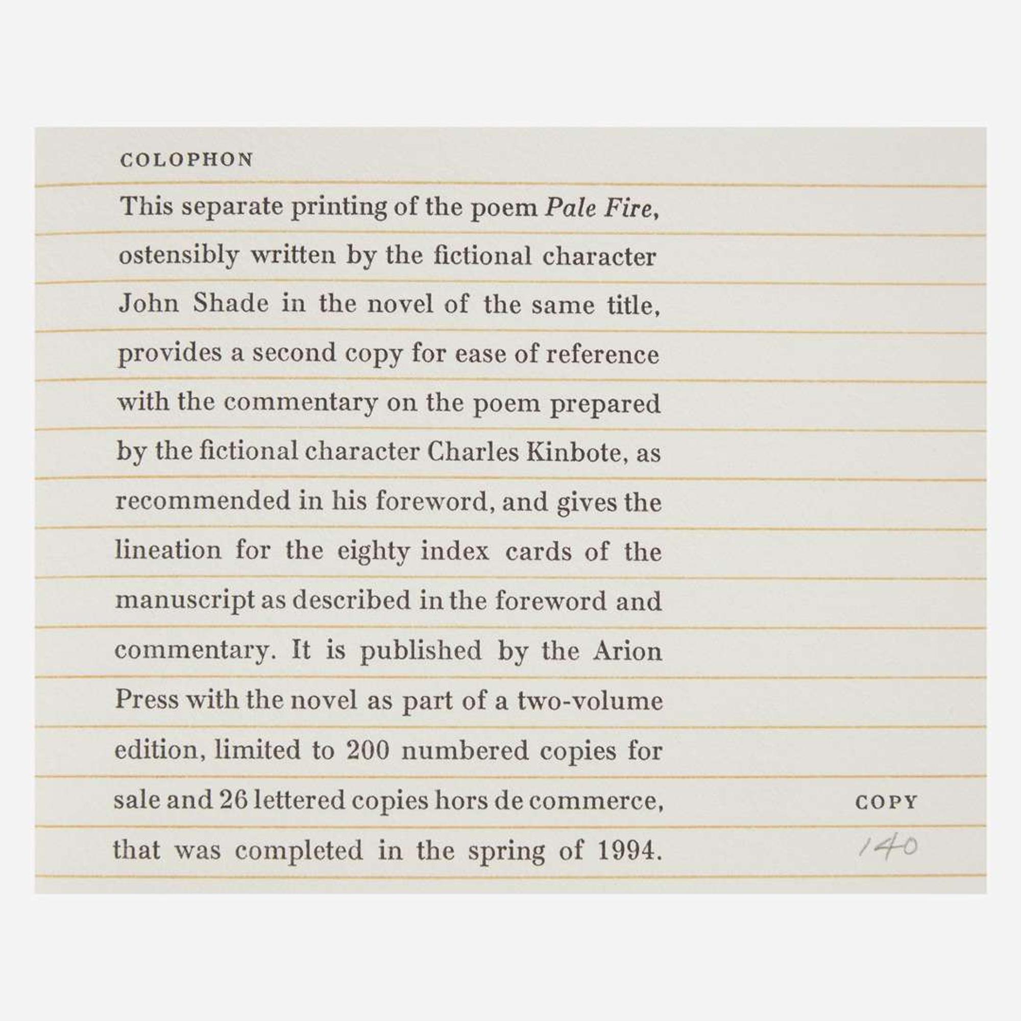 [Private Press] [Arion Press, The] Nabokov, Vladimir Pale Fire