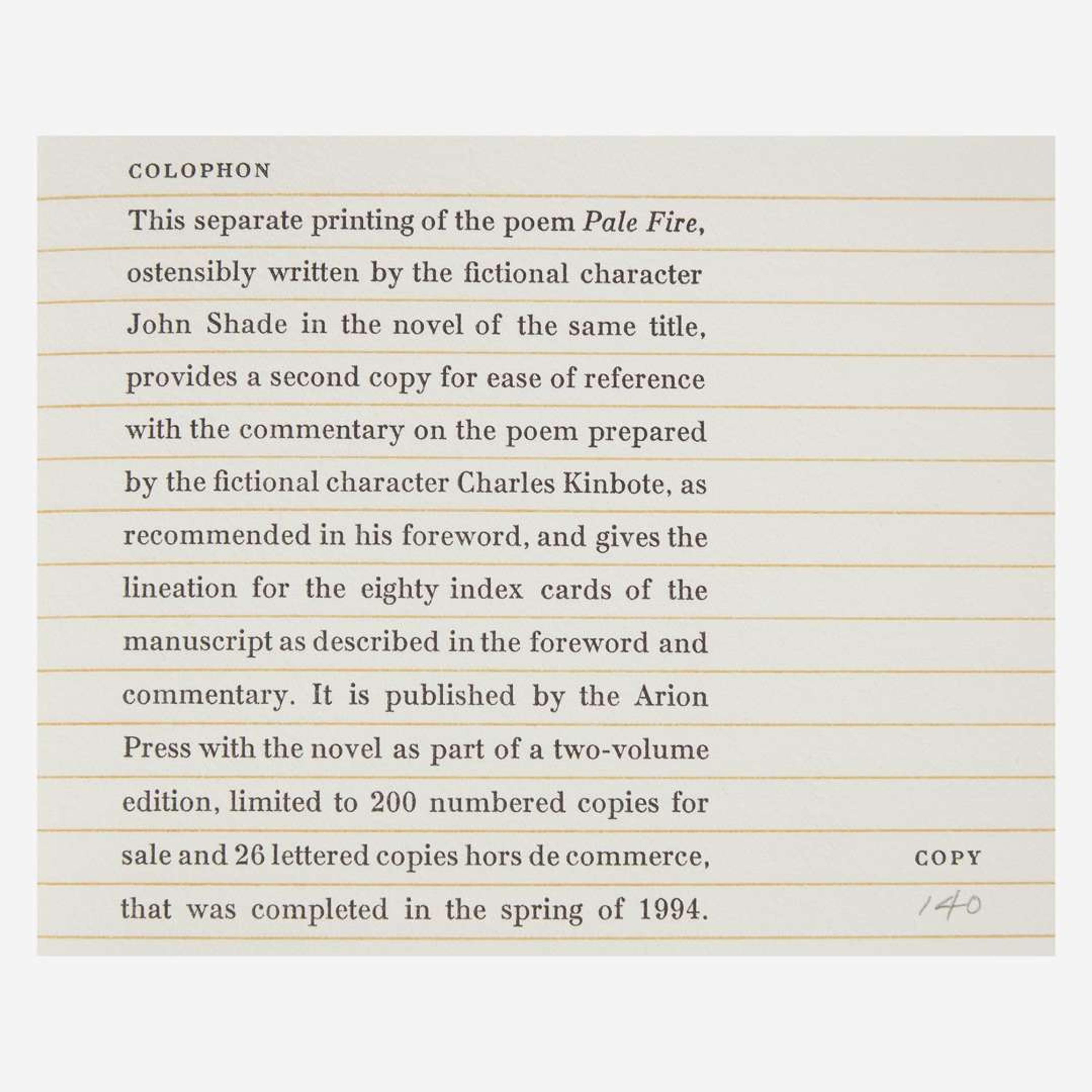 [Private Press] [Arion Press, The] Nabokov, Vladimir Pale Fire
